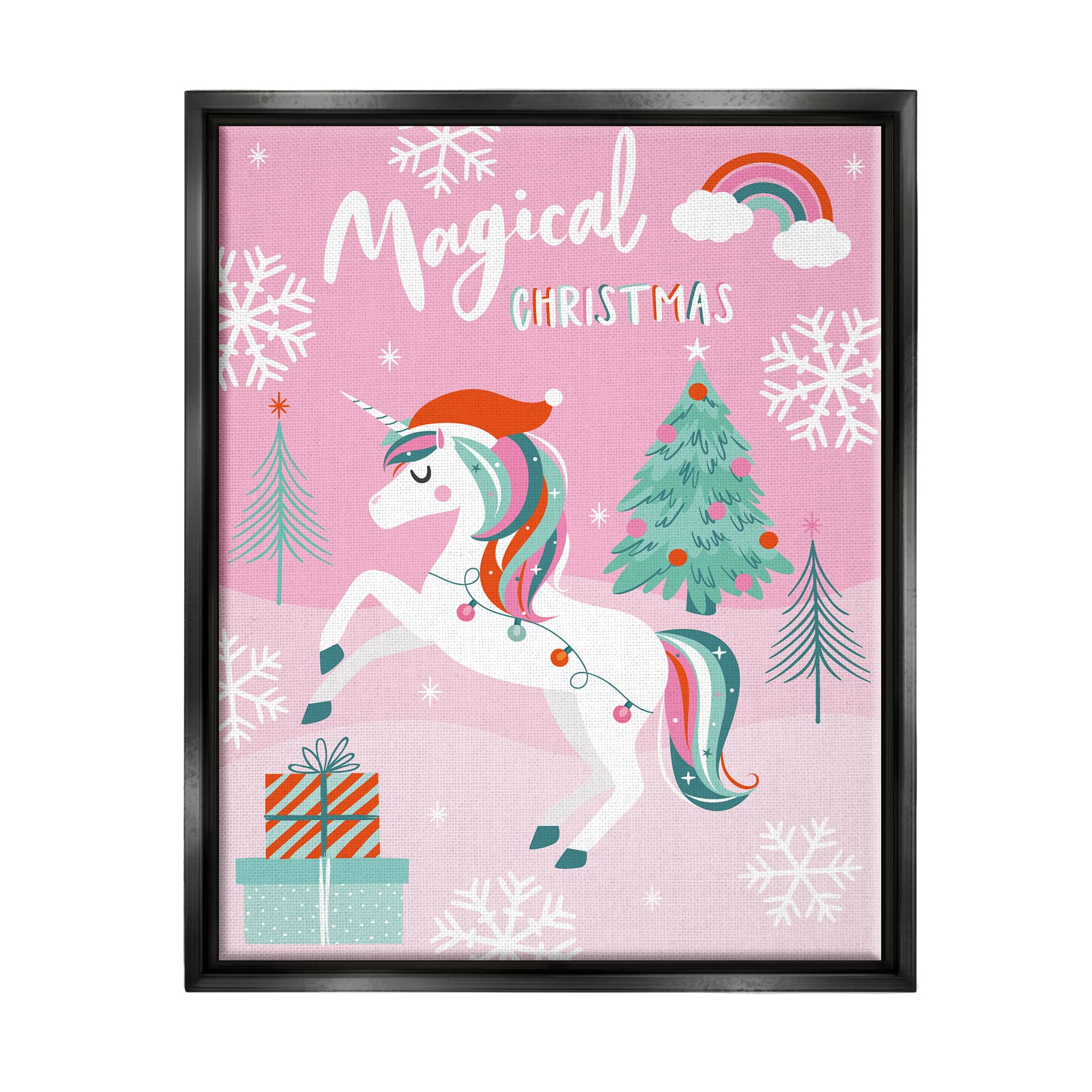 Stupell Industries Magical Christmas Pink Unicorn Framed Floater Canvas Wall Art
