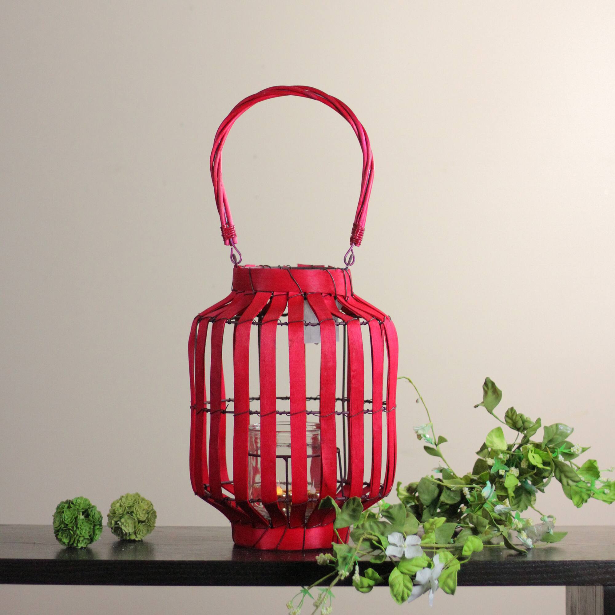 20&#x22; Tropicalia Tiki Bar Votive Candle Holder Lantern, Blush Red