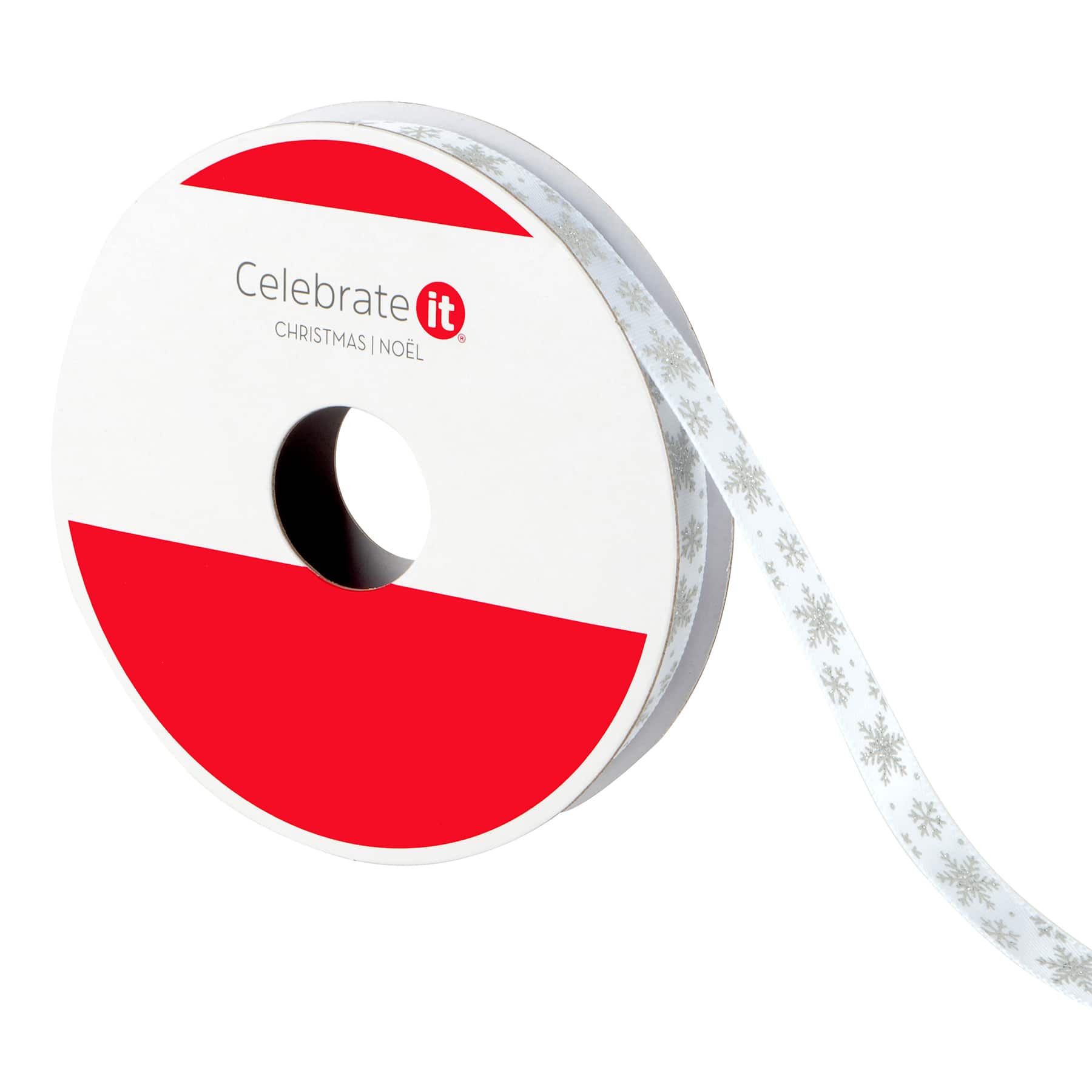 3/8&#x22; x 12ft. Silver Snowflake on White Ribbon by Celebrate It&#xAE; Christmas
