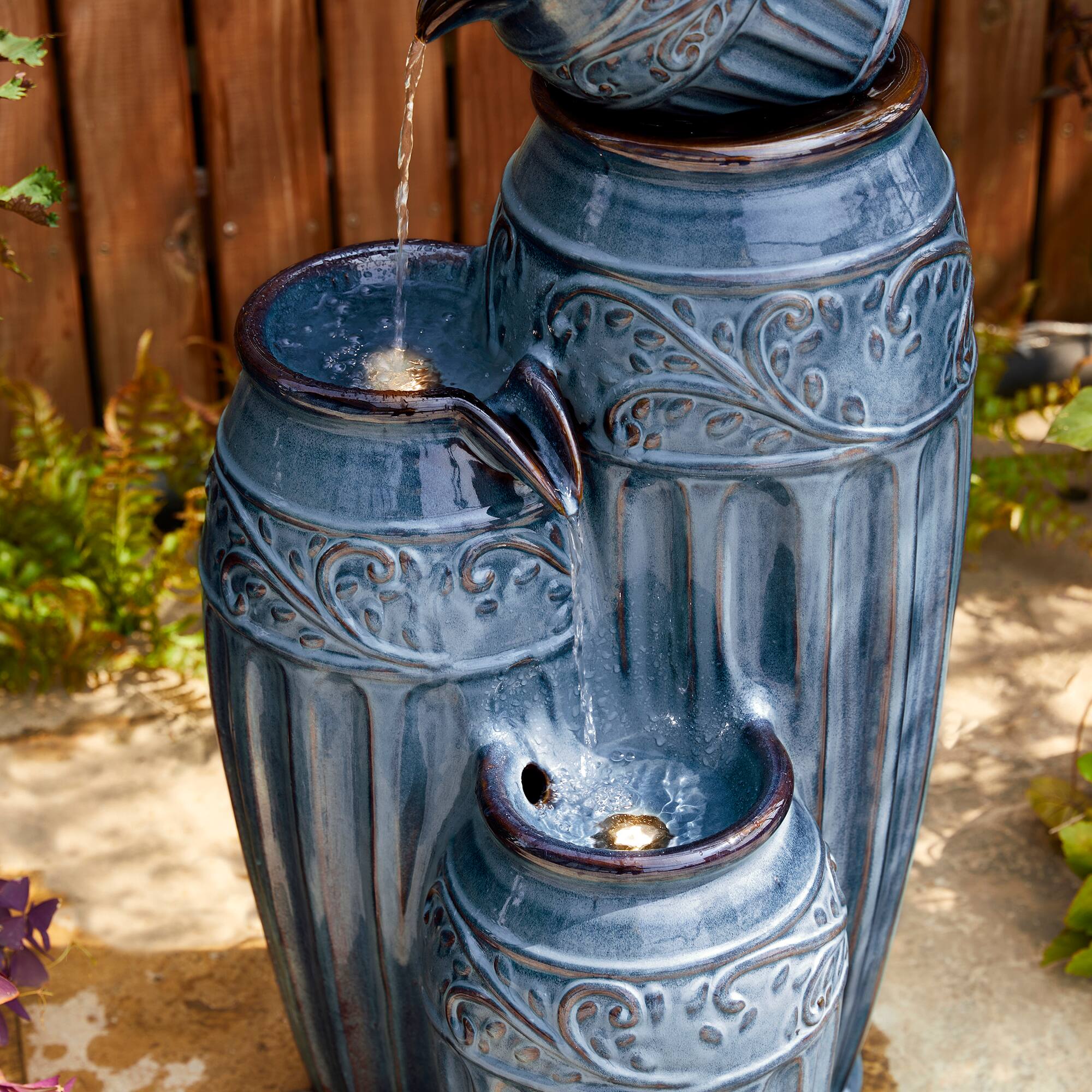 Glitzhome&#xAE; 35.5&#x22; 4-Tier LED Turquoise Embossed Ceramic Pots Outdoor Floor Fountain