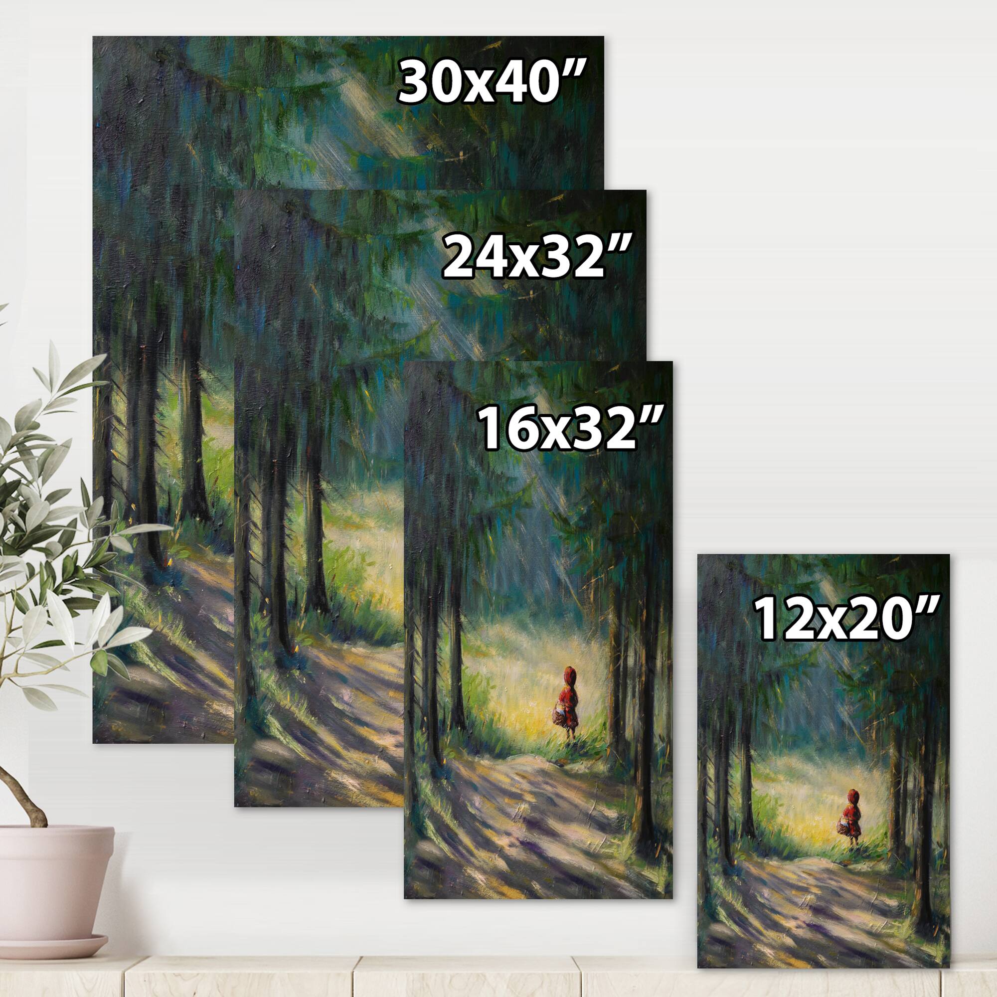 Designart - Little Red Riding Hood In The Woods - Traditional Canvas Wall Art Print