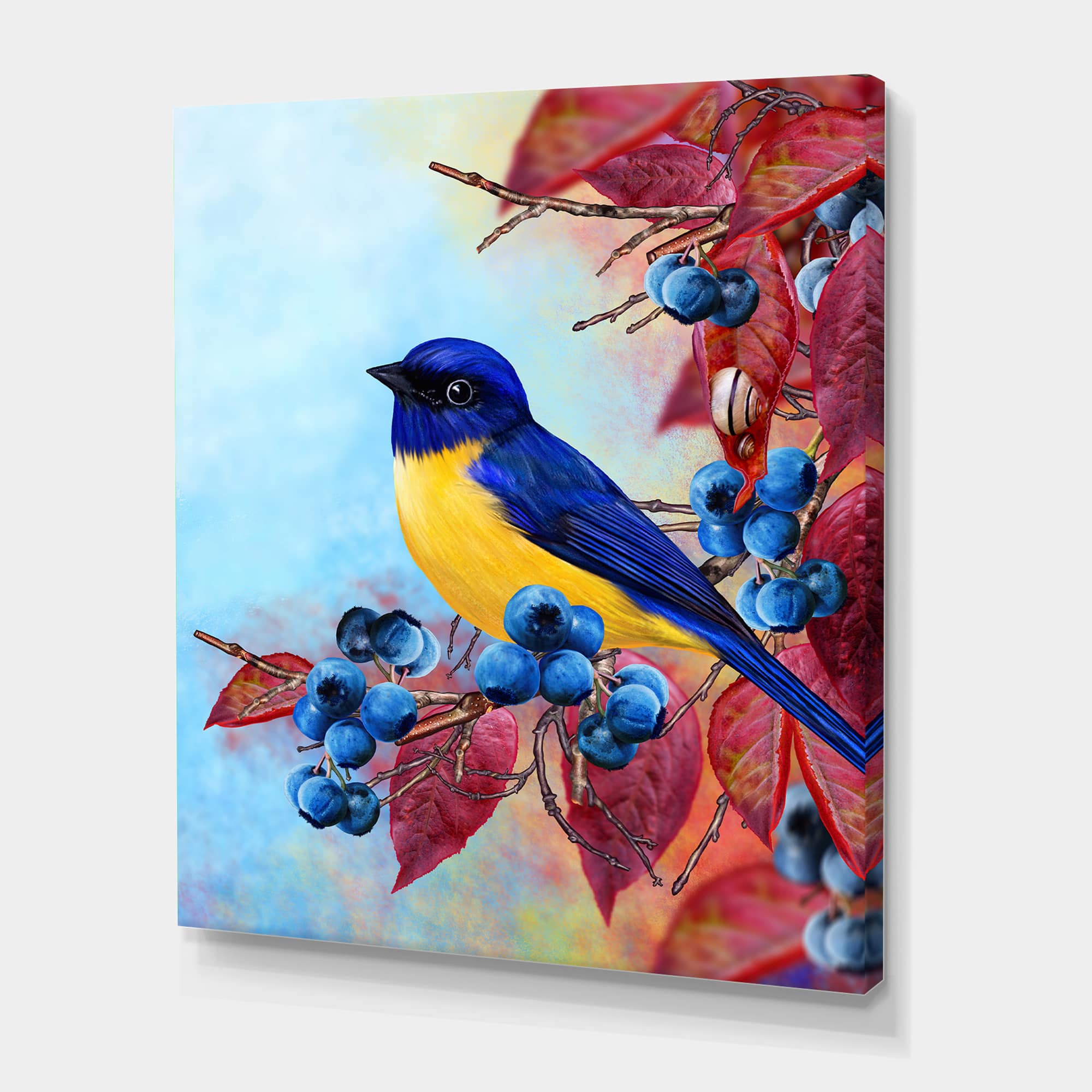 Designart - Bright Bird Bullfinch Sitting On A Branch I - Traditional Canvas Wall Art Print