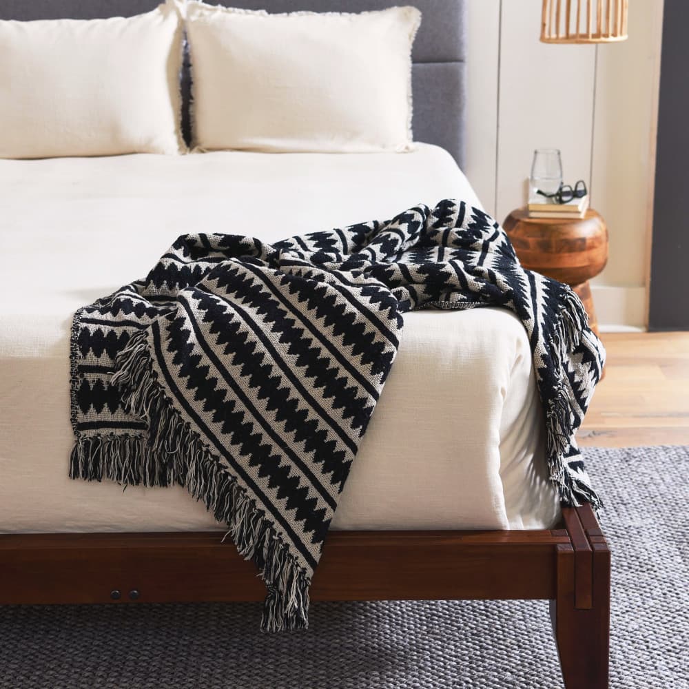 Striped Cotton Throw Blanket with Fringe