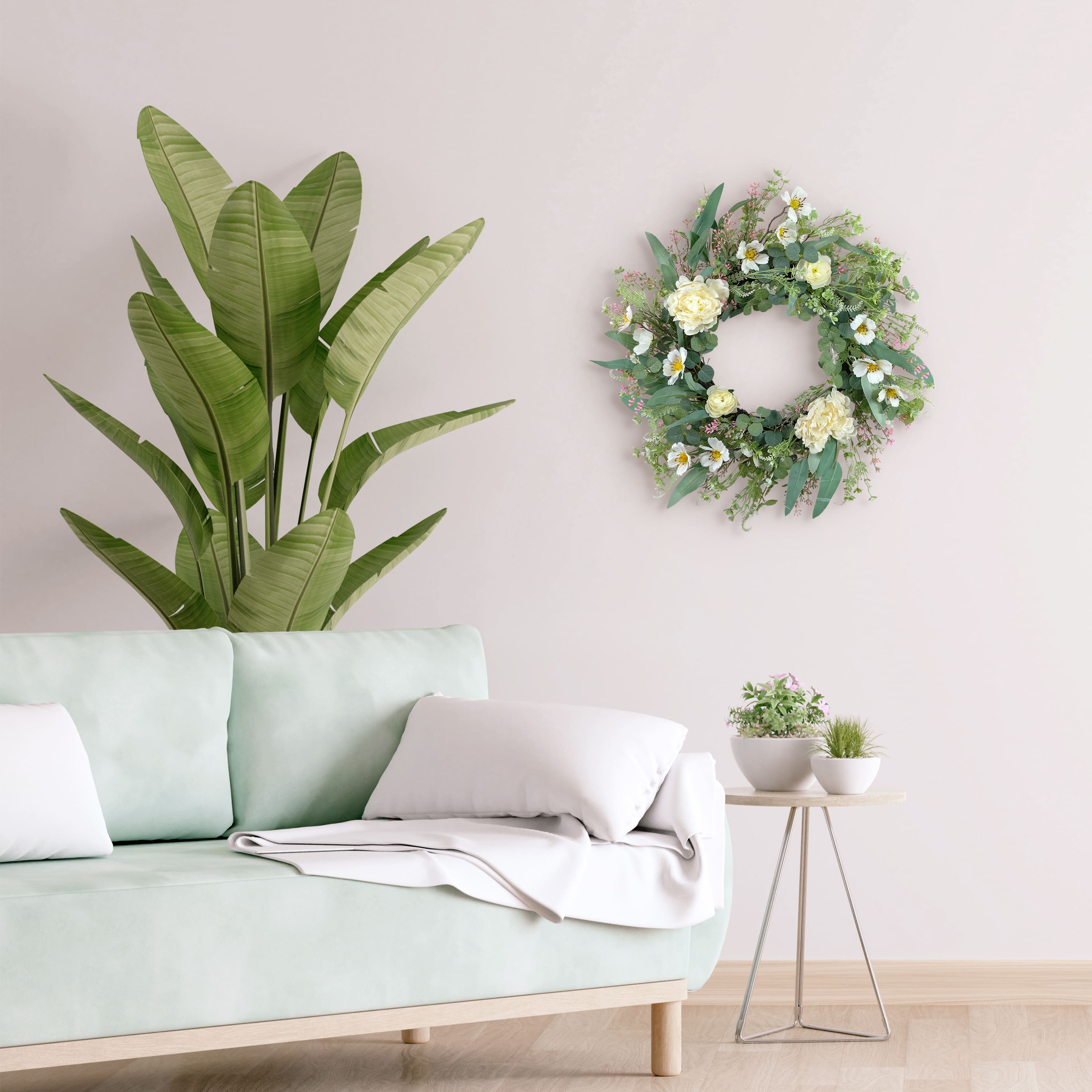 24" White Spring Peony & Dogwood Floral Wreath