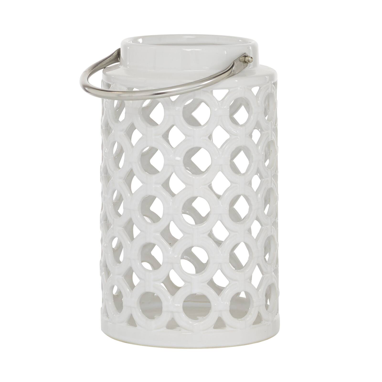 White Ceramic Contemporary Candle Holder Lantern, 11" x 7" x 8"