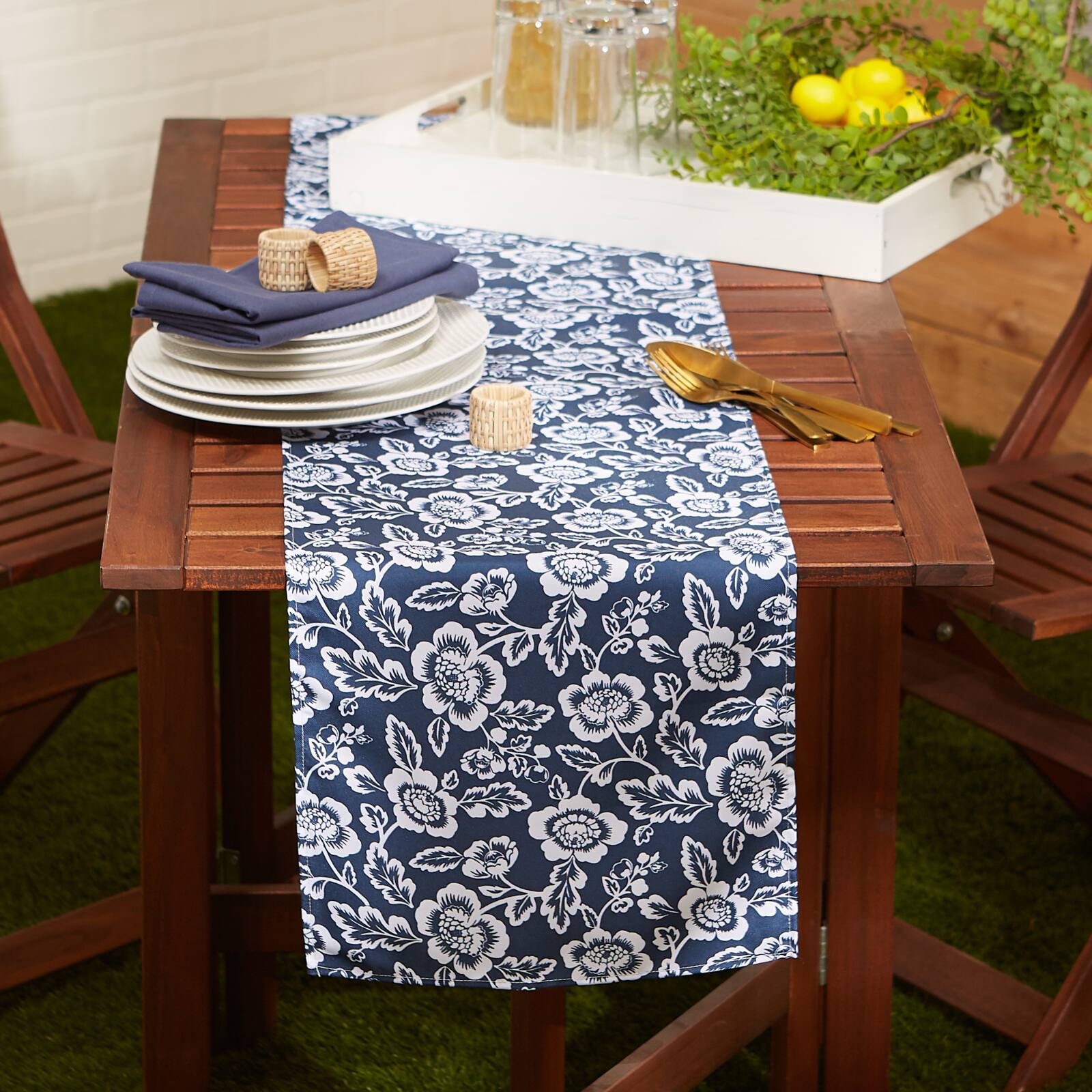 Nautical Blue  Floral Print Outdoor Table Runner, 14" x 72"