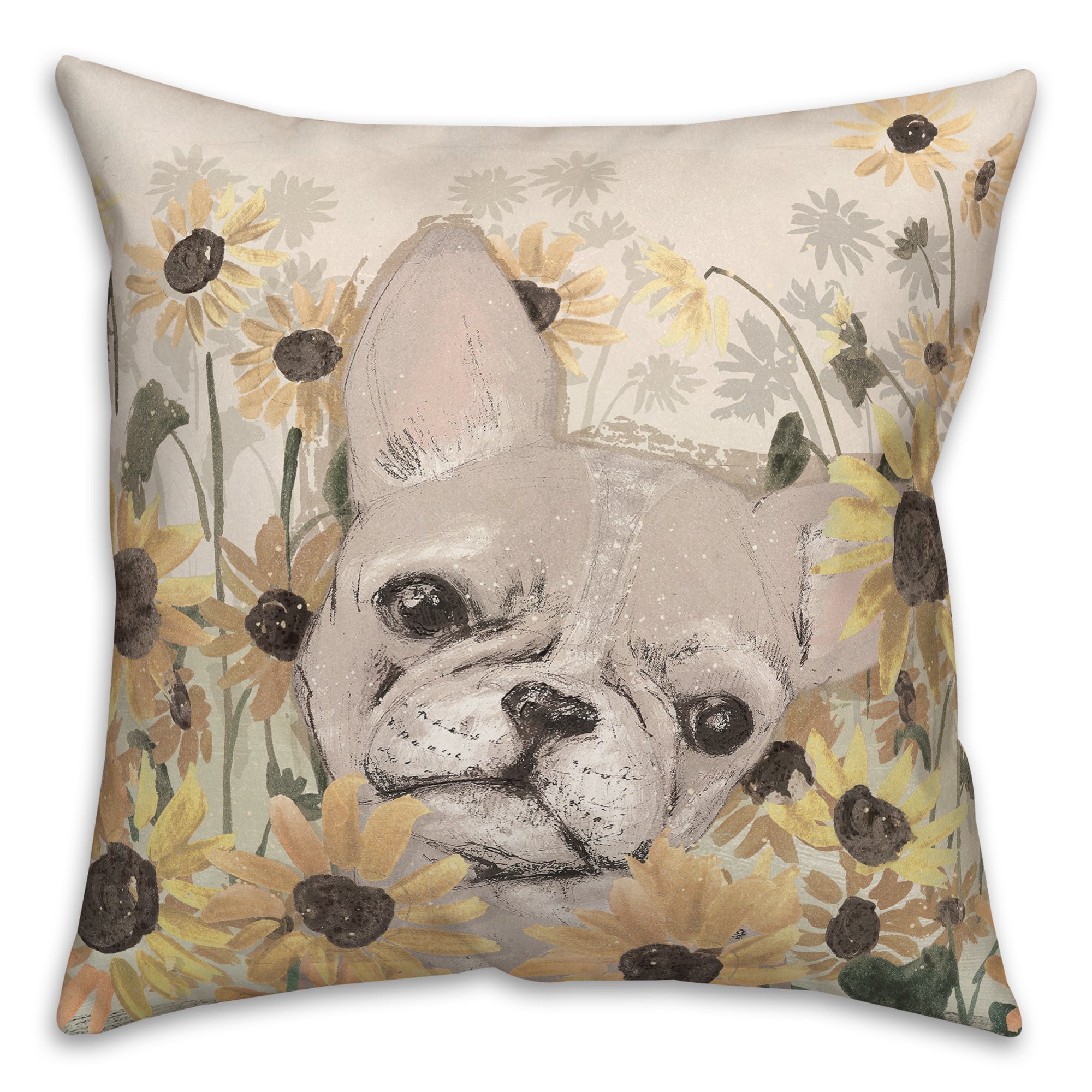 18" x 18" Frenchie Sunflower Field Indoor/Outdoor Throw Pillow