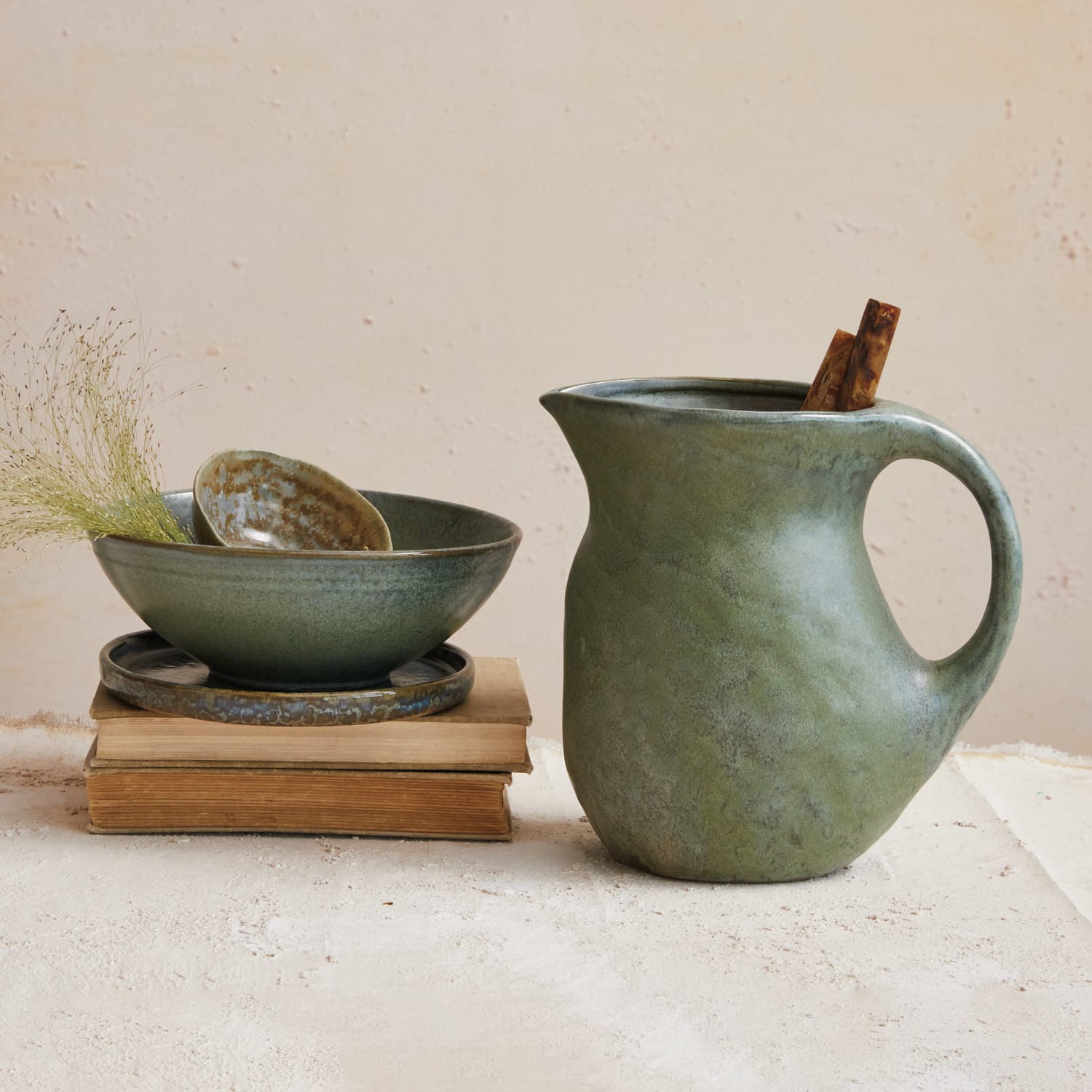 9&#x22; Matte Teal Round Stoneware Pitcher