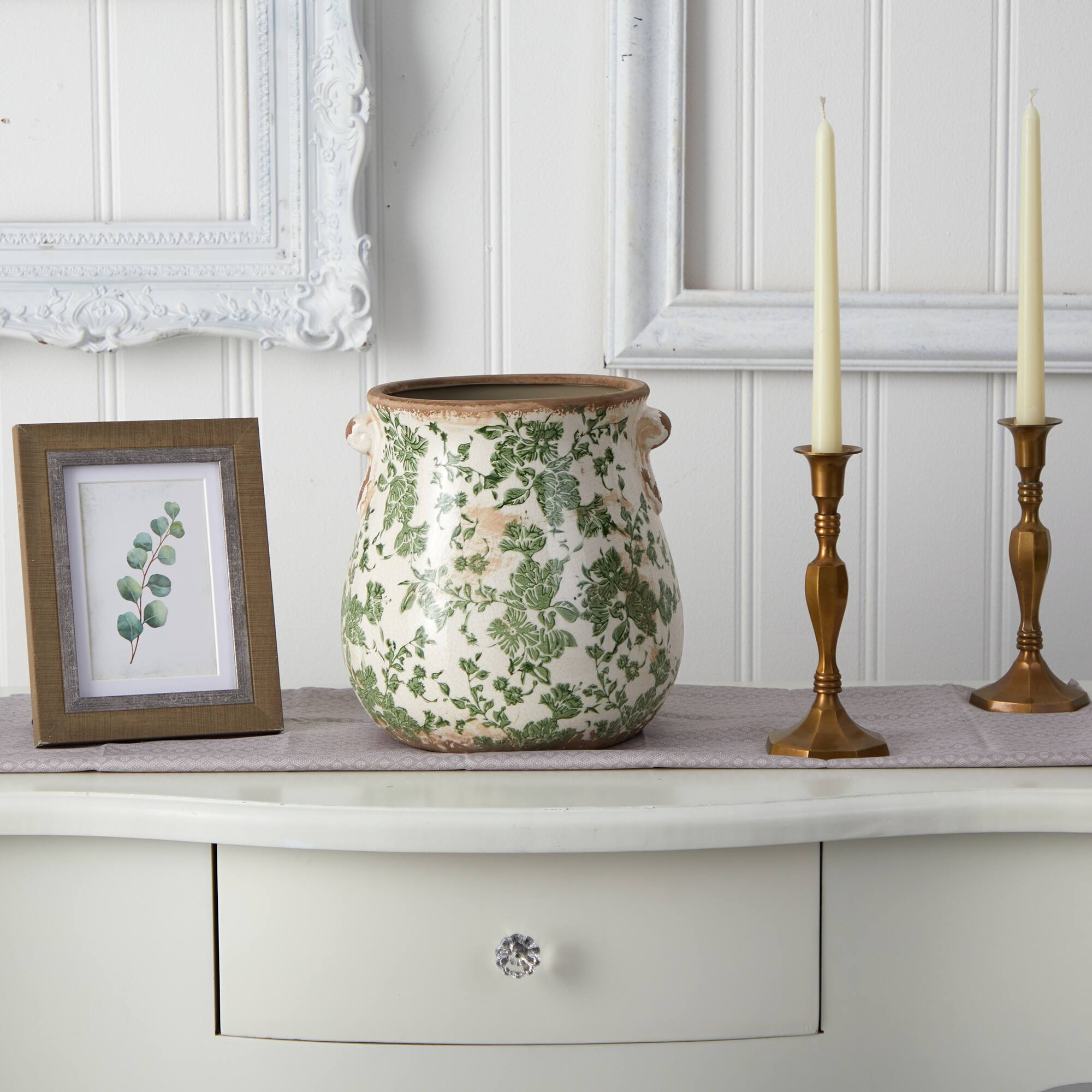 10&#x22; Tuscan Ceramic Green Scroll Planter