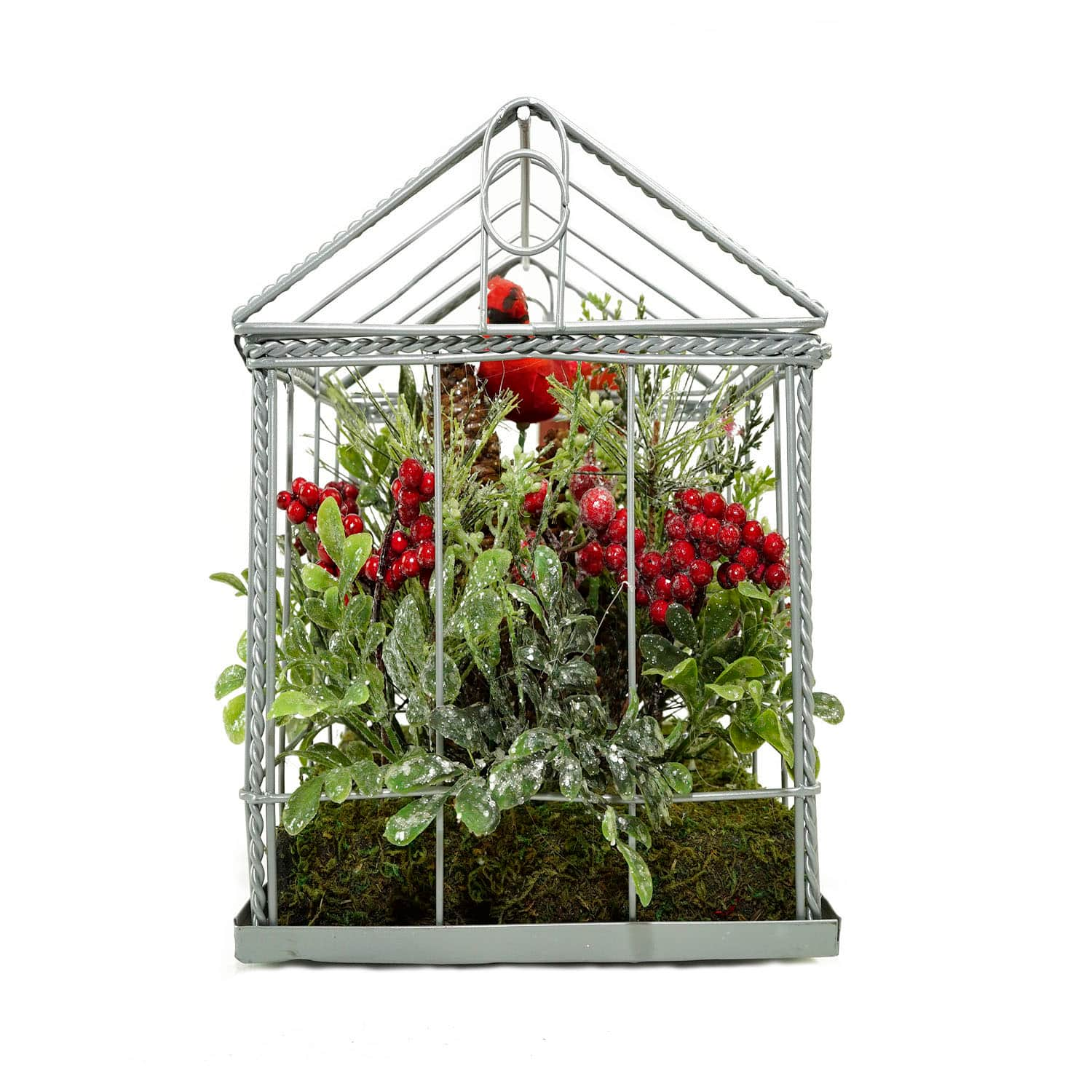 9&#x22; Red &#x26; Green Cardinal Boxwood Artificial Christmas Greenhouse Arrangement