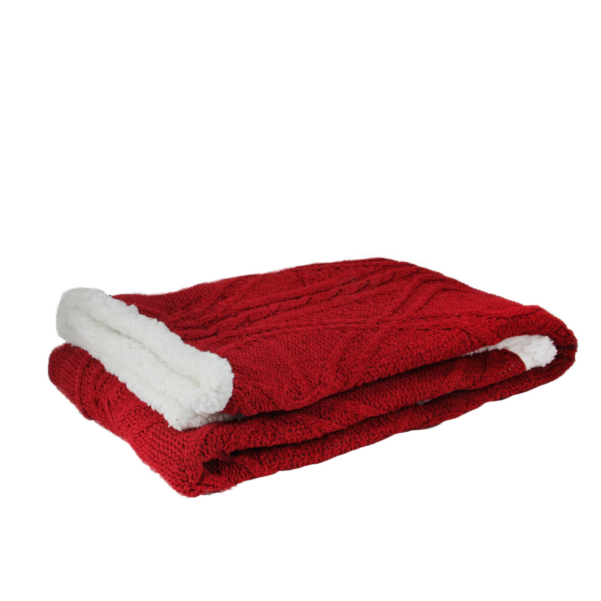 Red &#x26; White Cable Knit &#x26; Sherpa Throw Blanket
