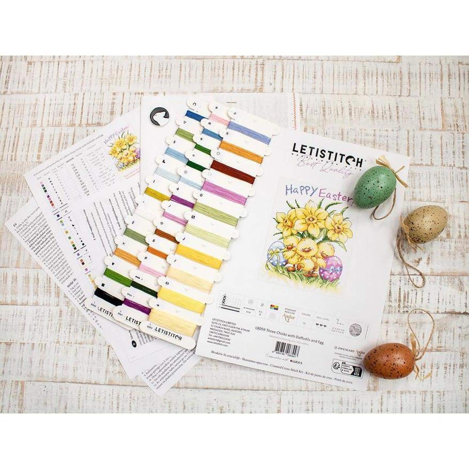 LetiStitch Three Chicks with Daffodils & Egg Counted Cross Stitch Kit