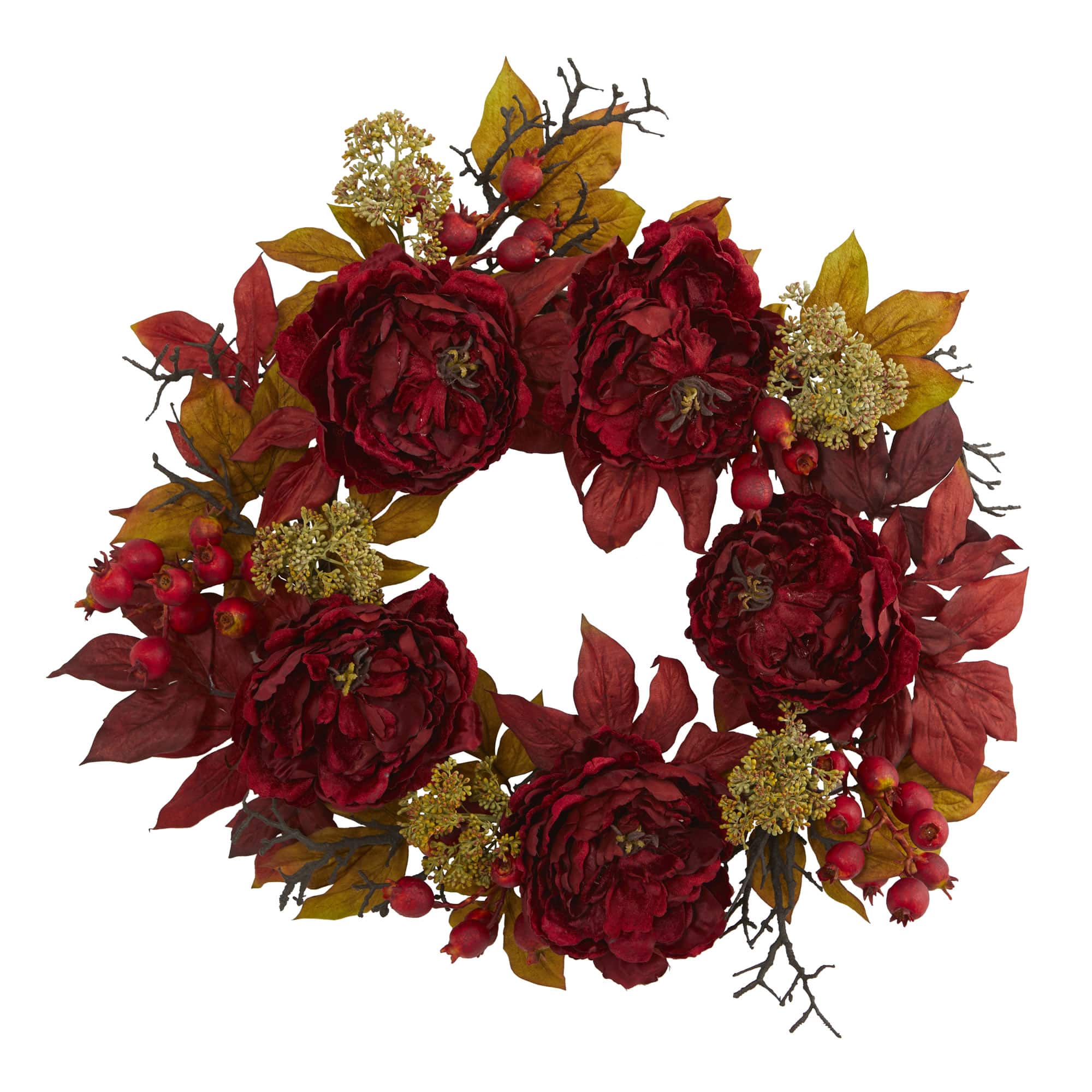 24&#x22; Dark Red Peony &#x26; Sedum Wreath