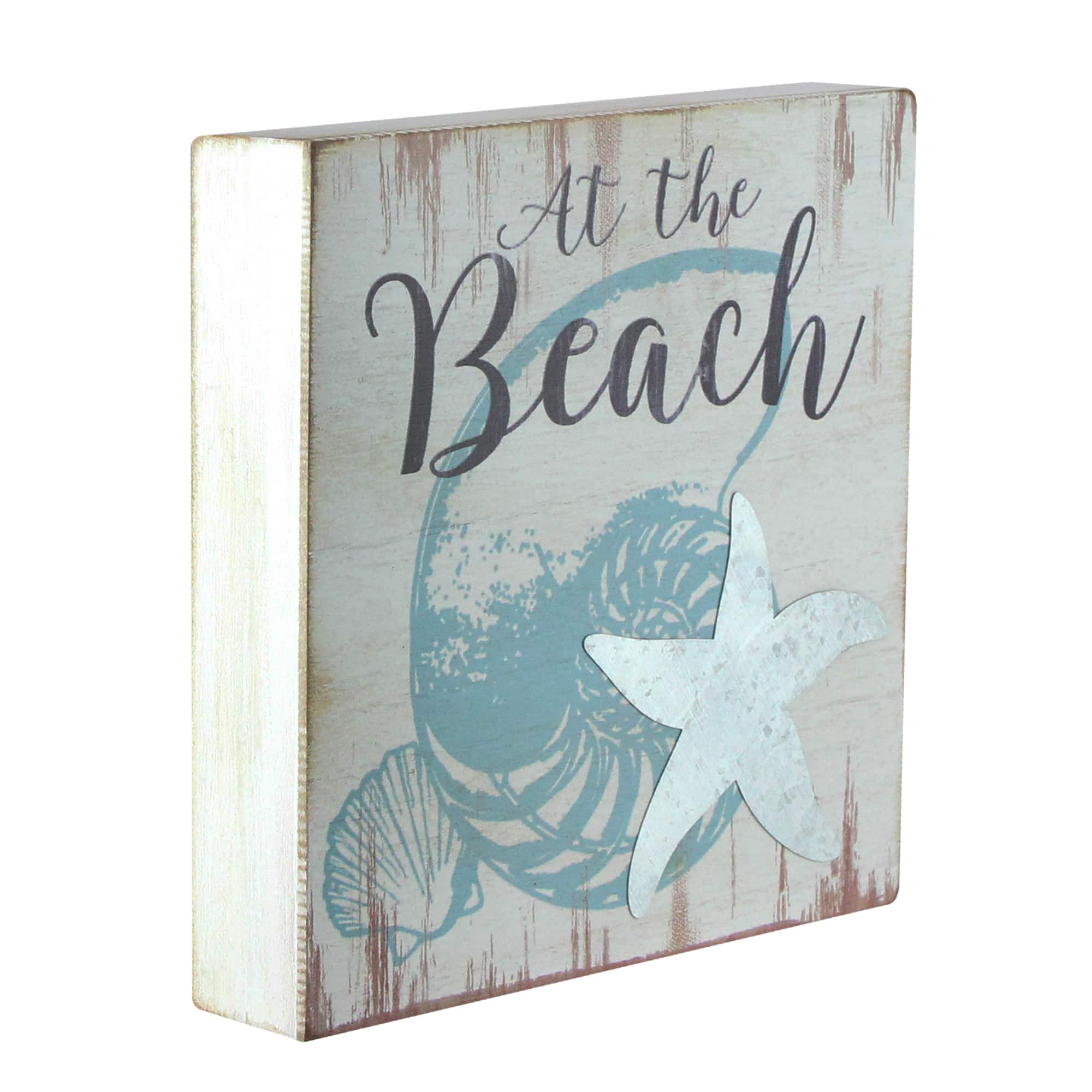 8" Blue & White At the Beach with Seashells & Starfish Plaque Wall Accent 