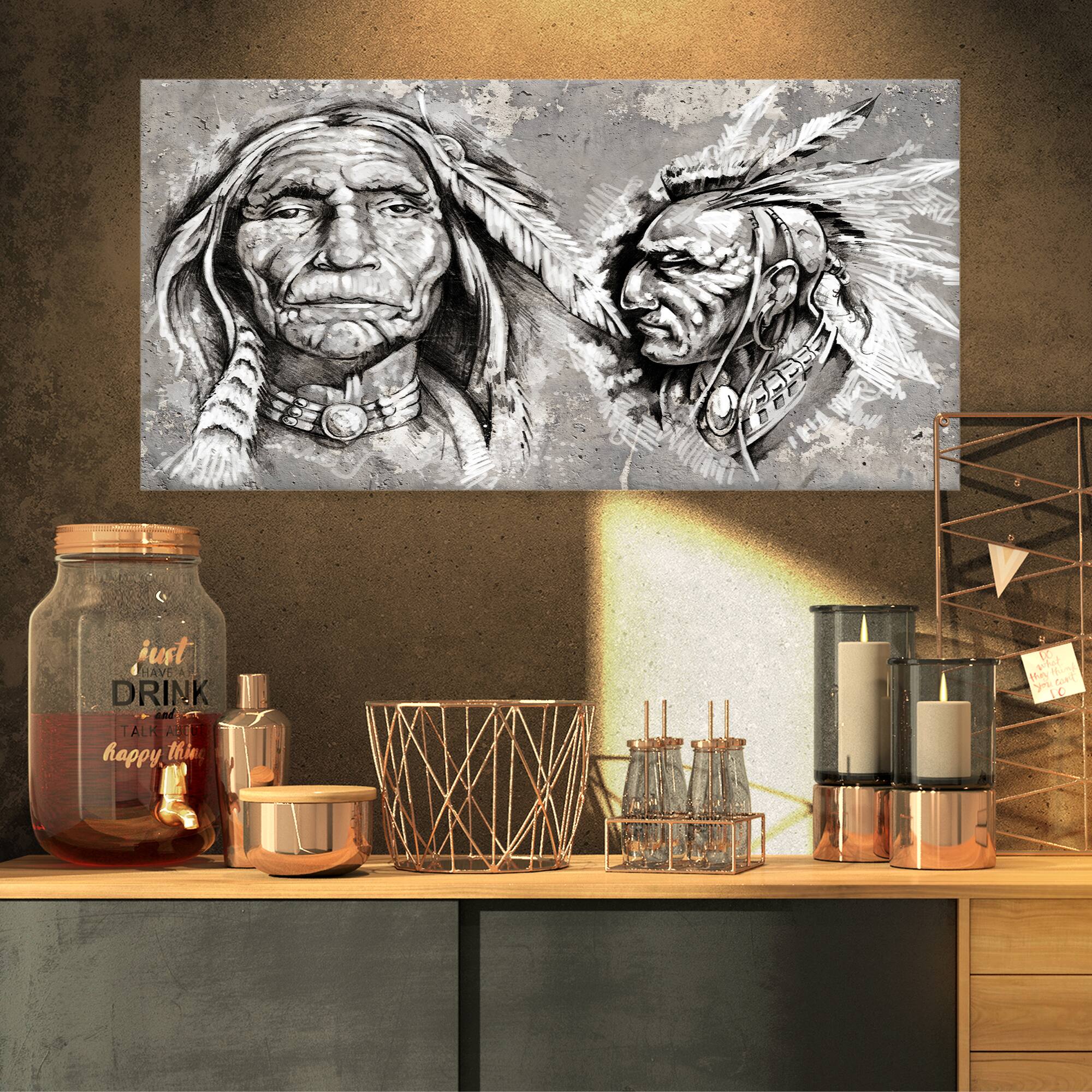Designart - Native American Indian Heads - Abstract Portrait Canvas Print