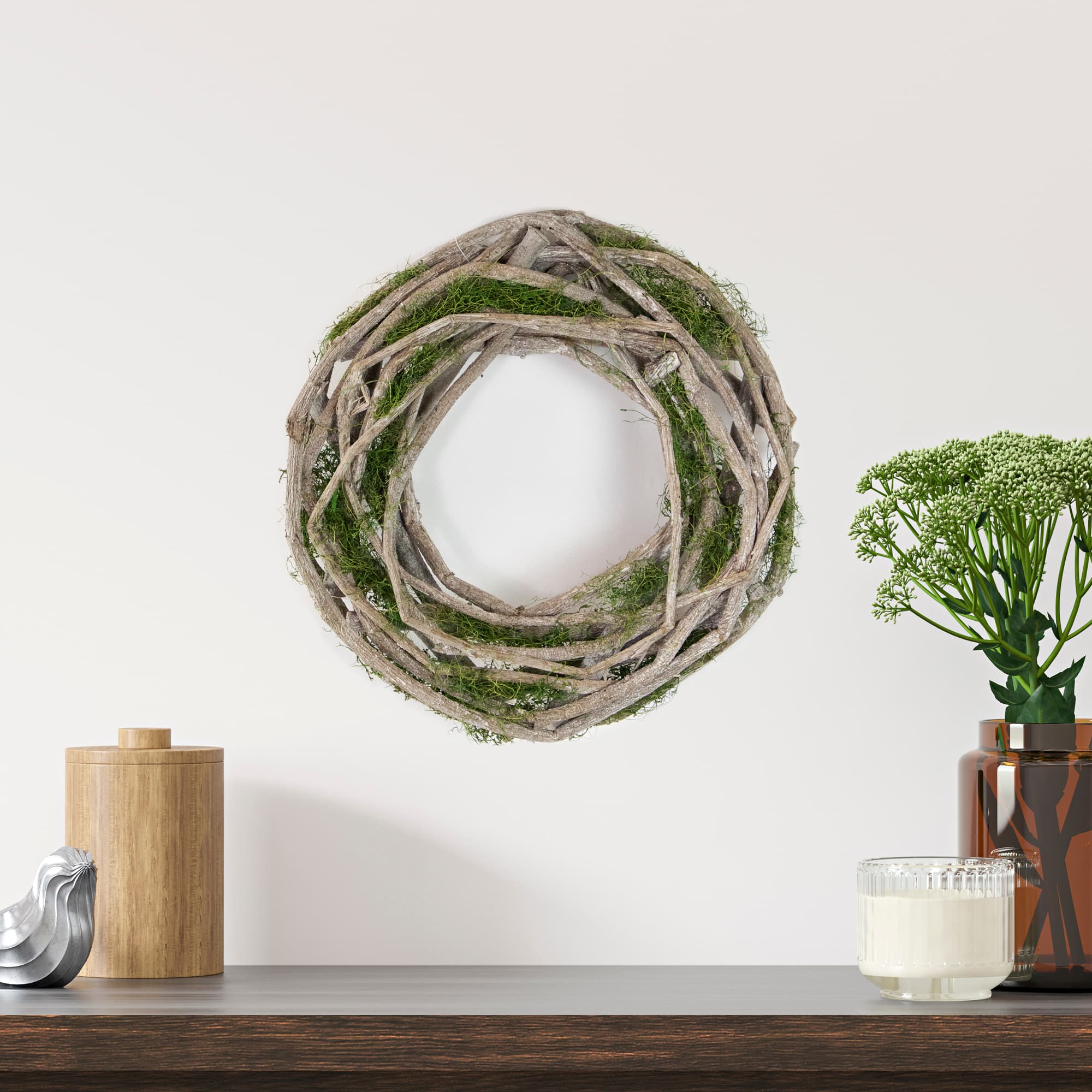 11&#x22; White Twig &#x26; Green Moss Spring Wreath