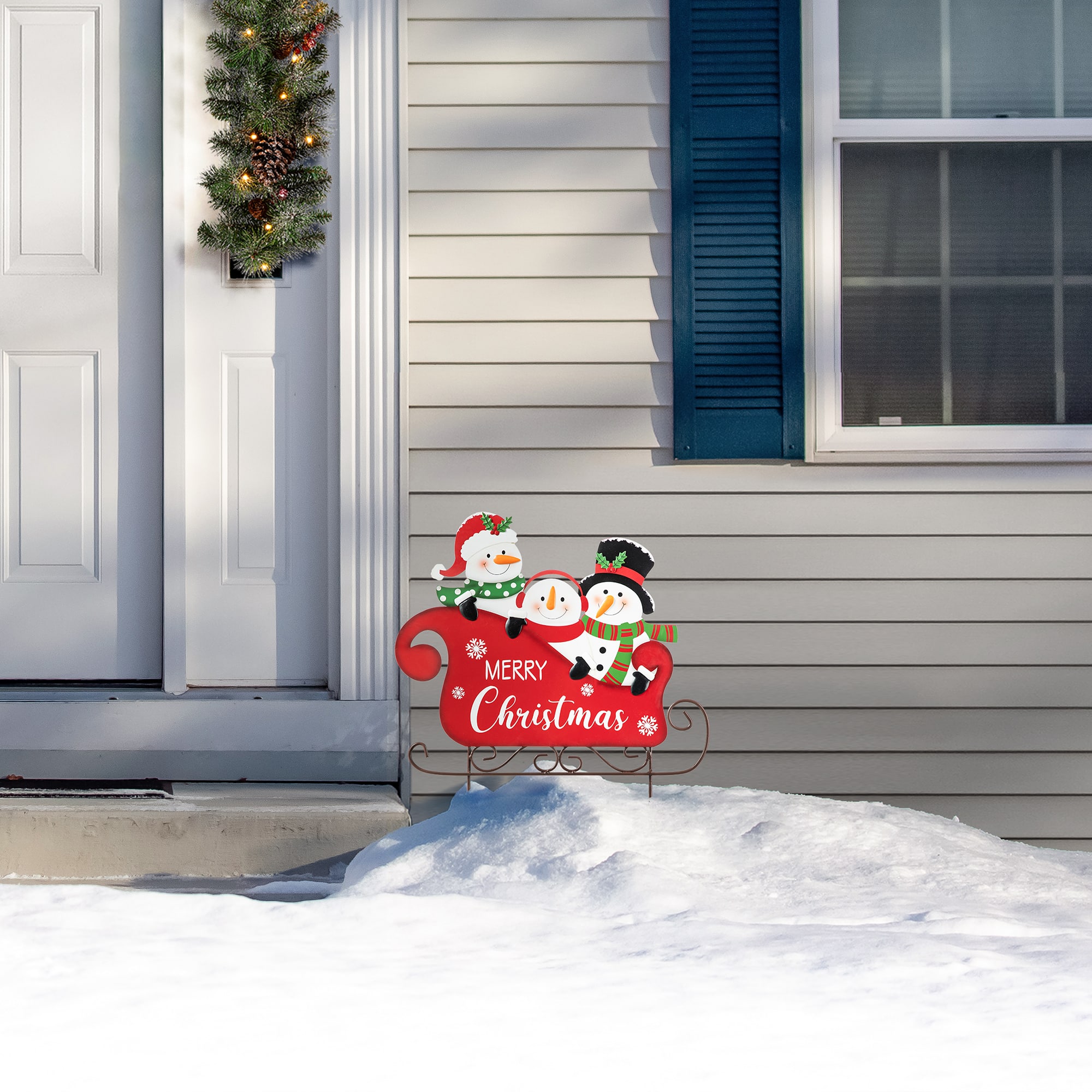 Glitzhome® 24" Metal Snowmen Riding Sleigh Yard Stake