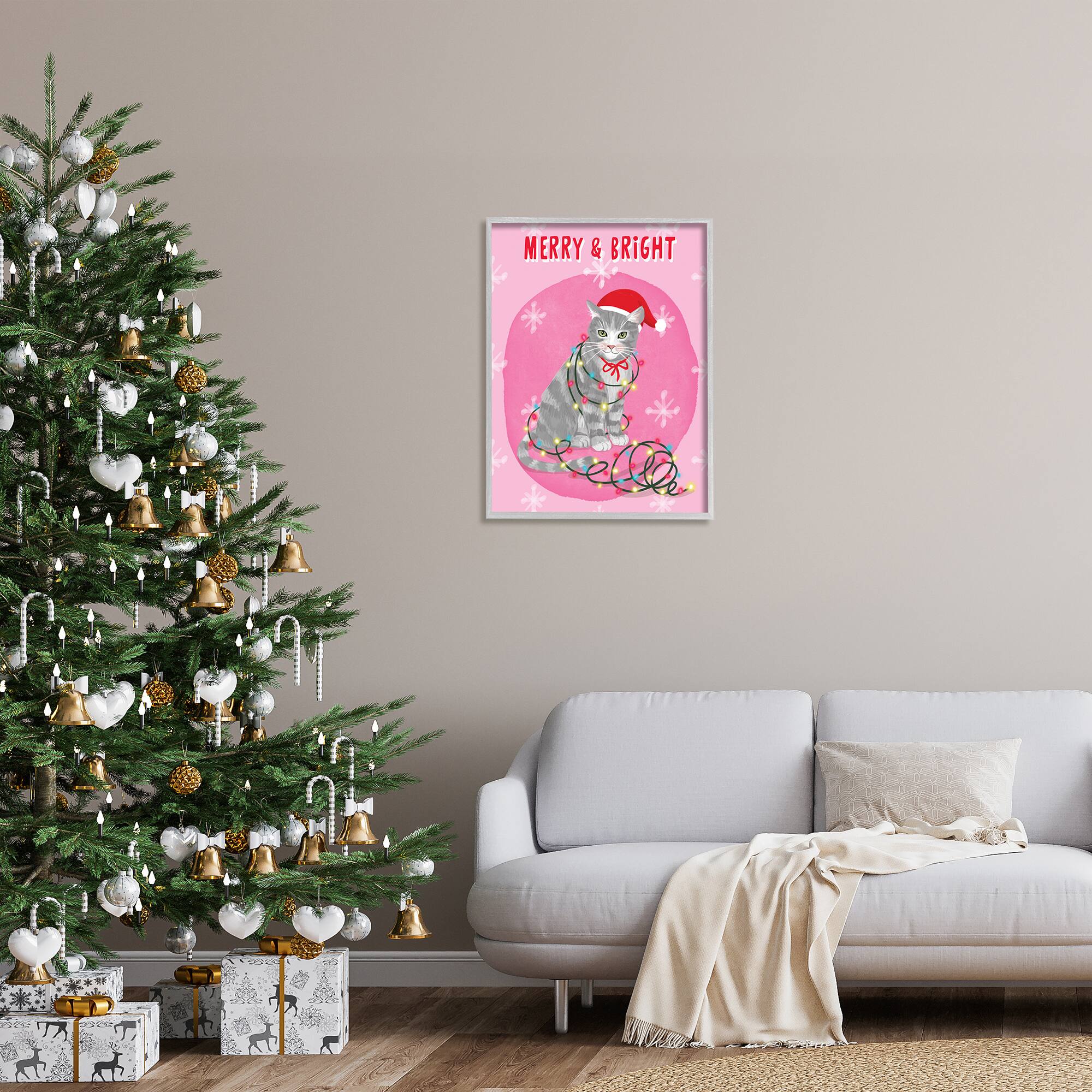 Stupell Industries Merry & Bright Christmas Cat Framed Giclee Art