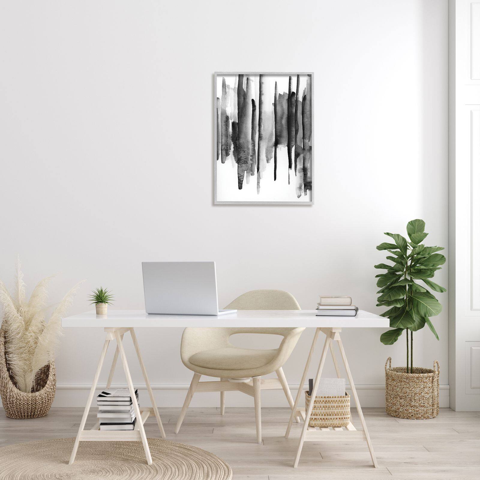 Stupell Industries Vertical Black Ink Strokes Abstract Watercolor Over White Framed Wall Art