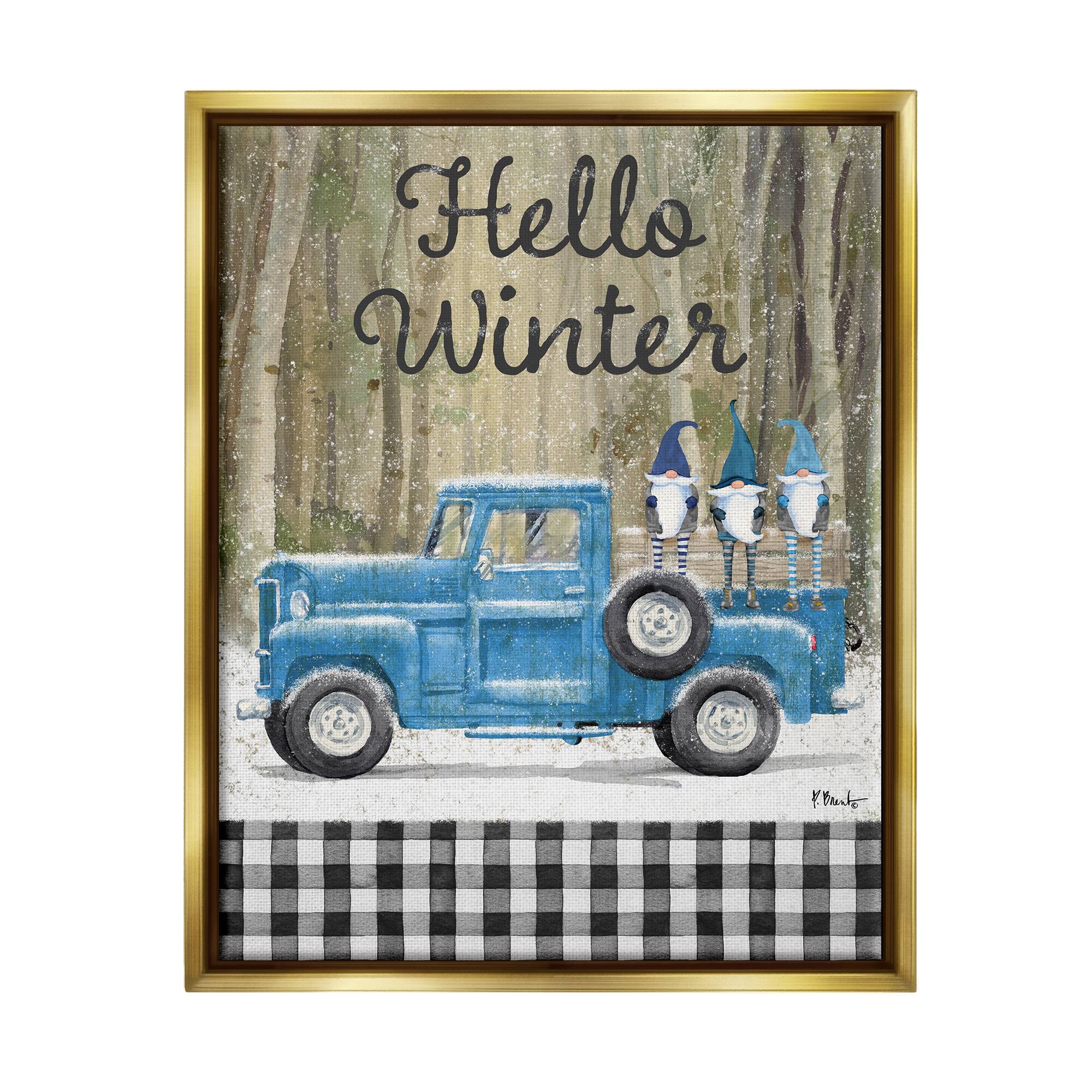 Stupell Industries Hello Winter Plaid Gnomes Gold Framed Floater Canvas Wall Art
