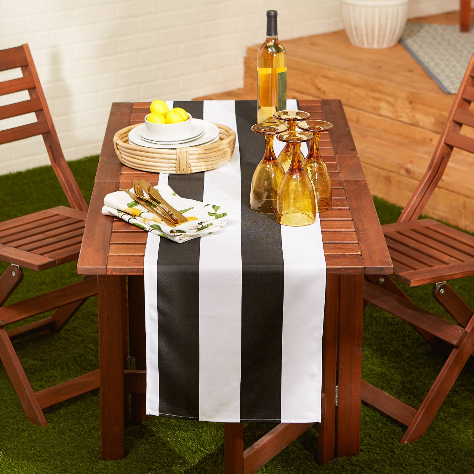 Black Cabana Stripe Print Outdoor Table Runner,, 14" x 72"