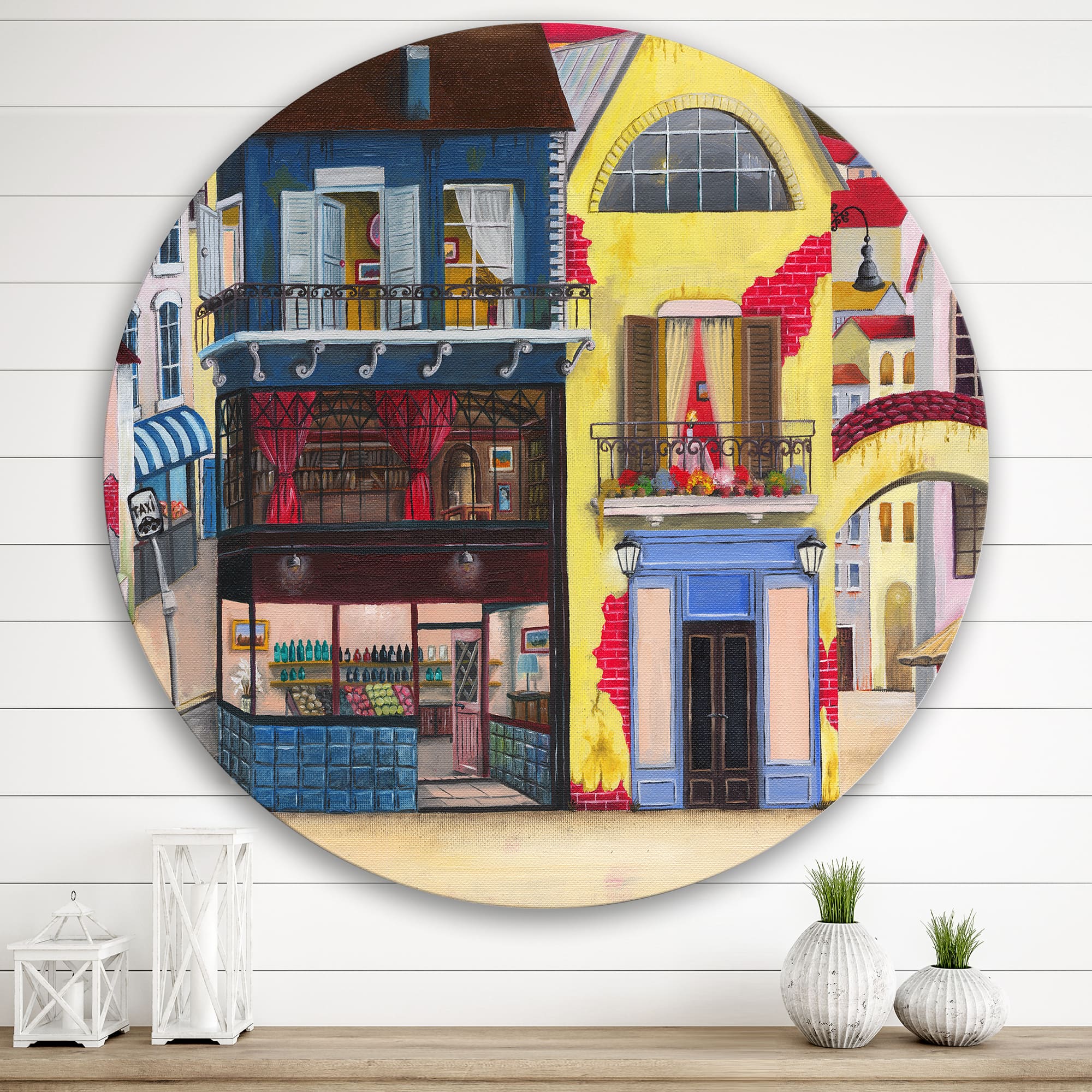 Designart - The Facade of The Buildings In A Cozy Streets - French Country Metal Circle Wall Art