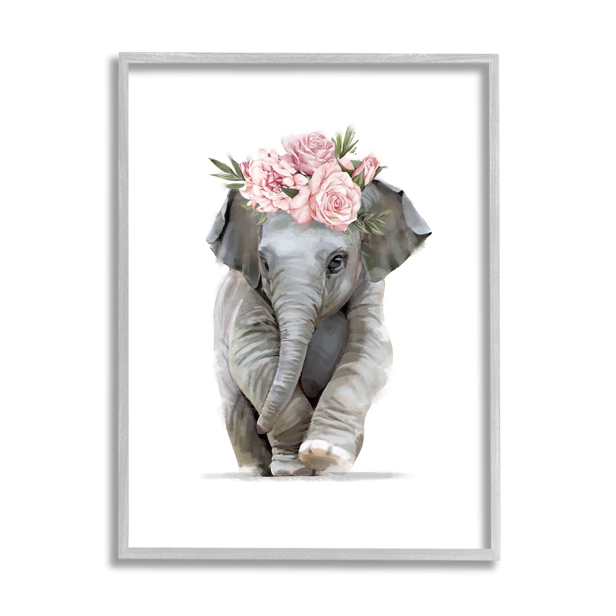 Stupell Industries Precious Rose Crown Baby Elephant Chic Florals in Gray Frame Wall Art
