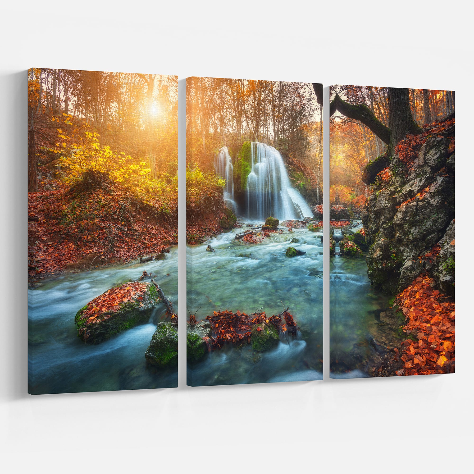 Designart - Fast Flowing Fall River in Forest - Landscape Photography Canvas Print