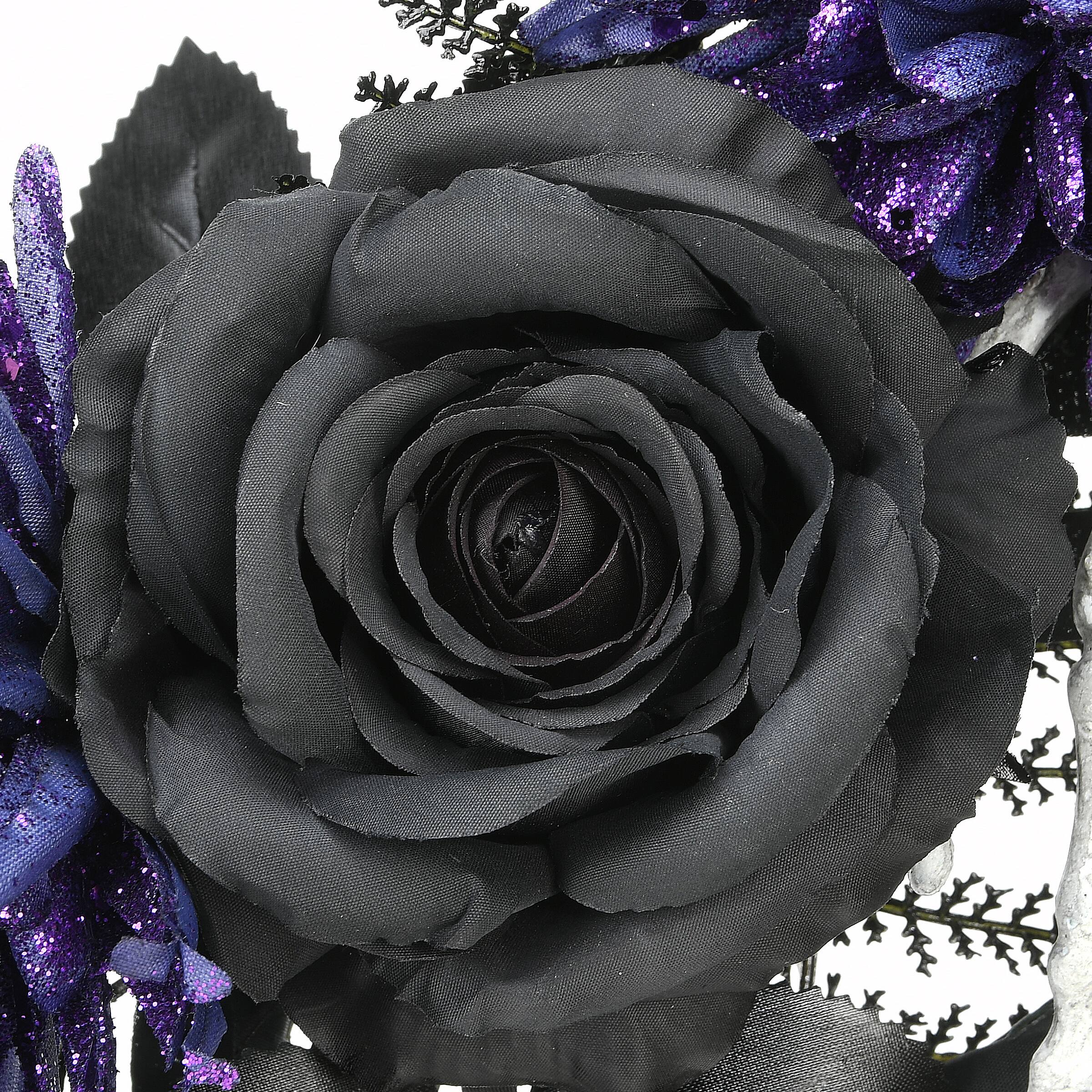 24&#x22; Halloween Skull &#x26; Purple Flowers Wreath