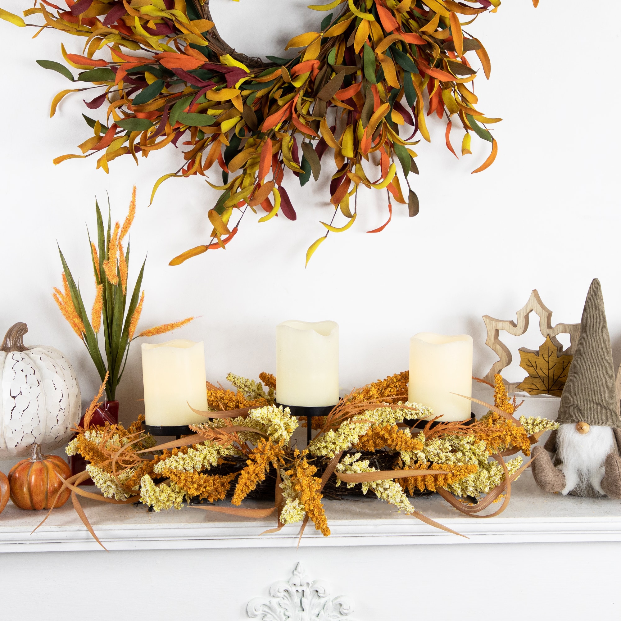 22" Autumn Harvest Triple Candle Holder with Artificial Fall Foliage