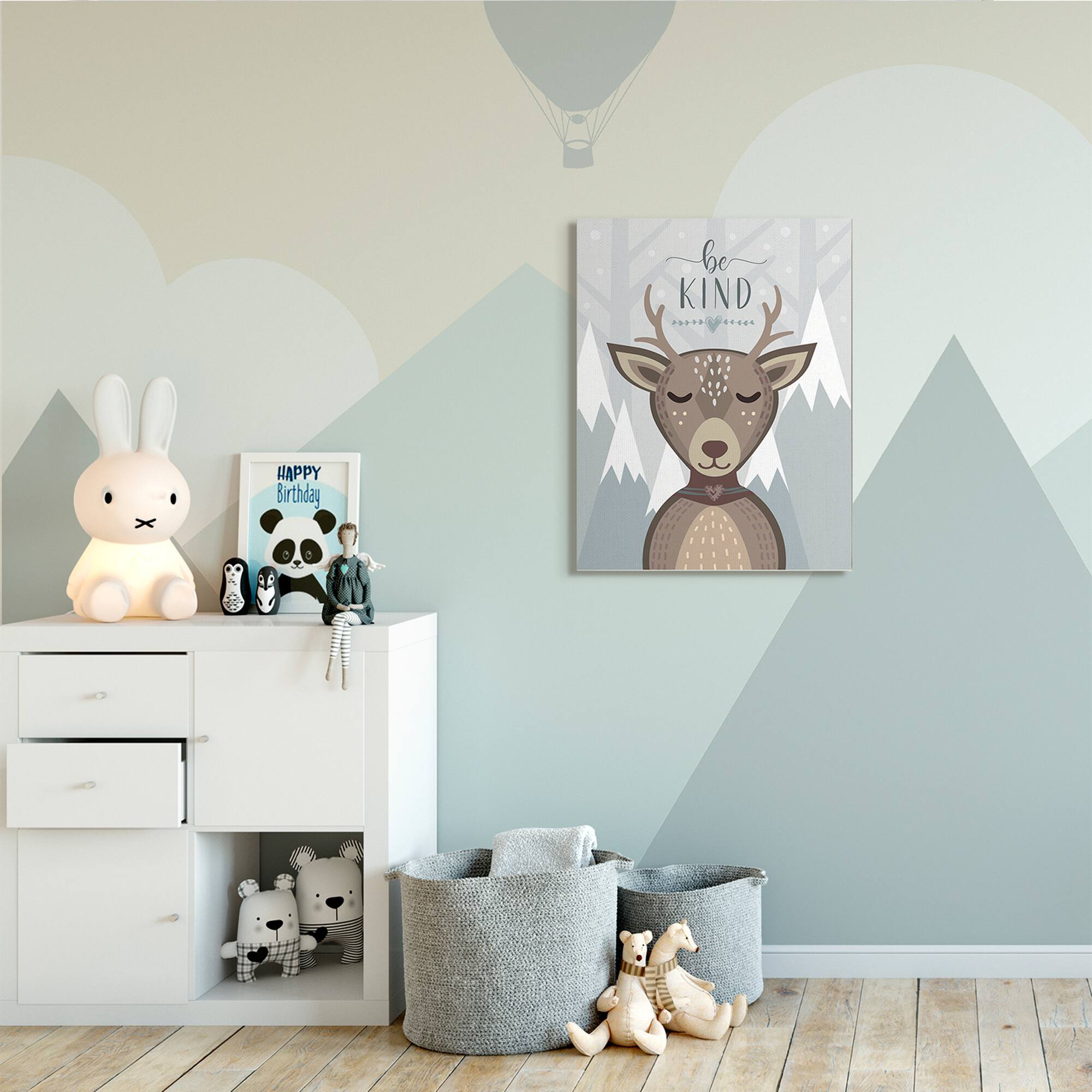 Stupell Industries Be Kind Sentiment Cartoon Deer Snowy Mountains Wall Art