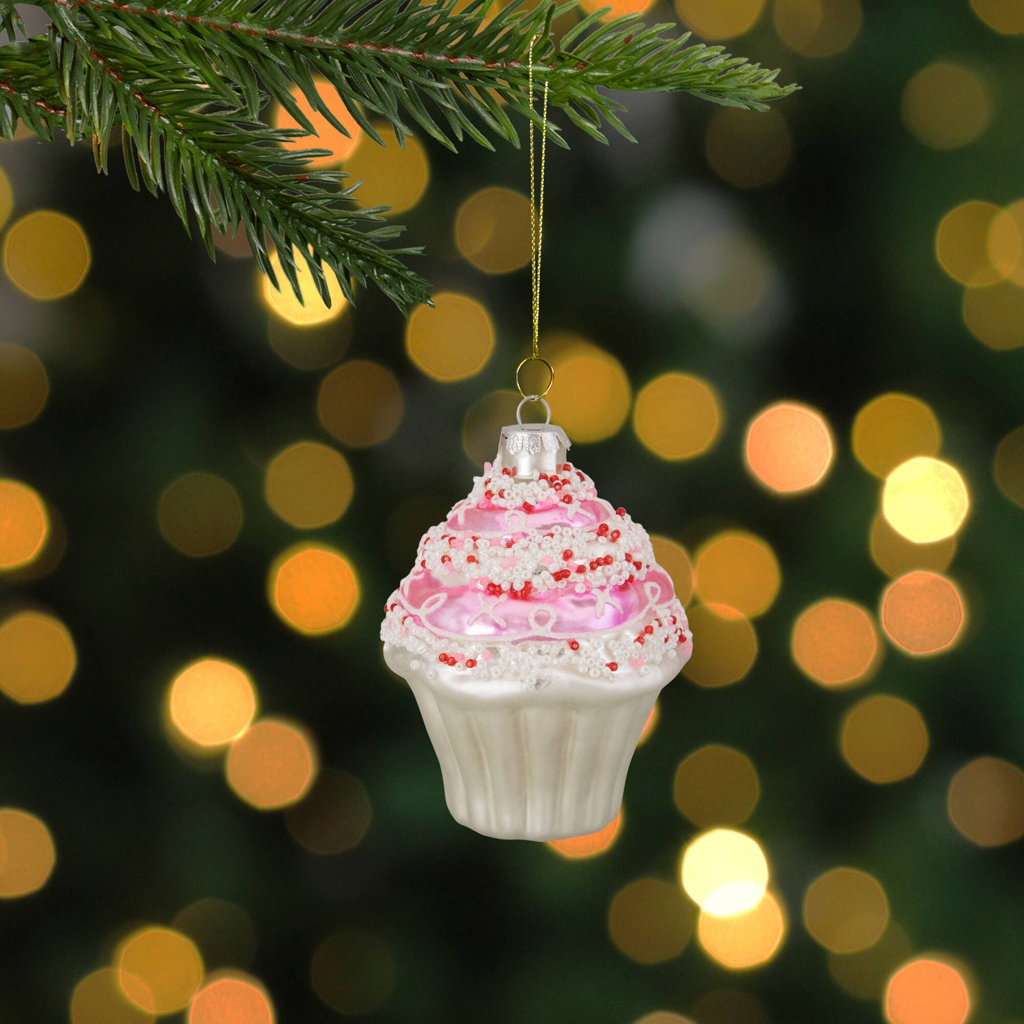 4&#x22; Pink &#x26; White Cupcake with Sprinkles Glass Ornament