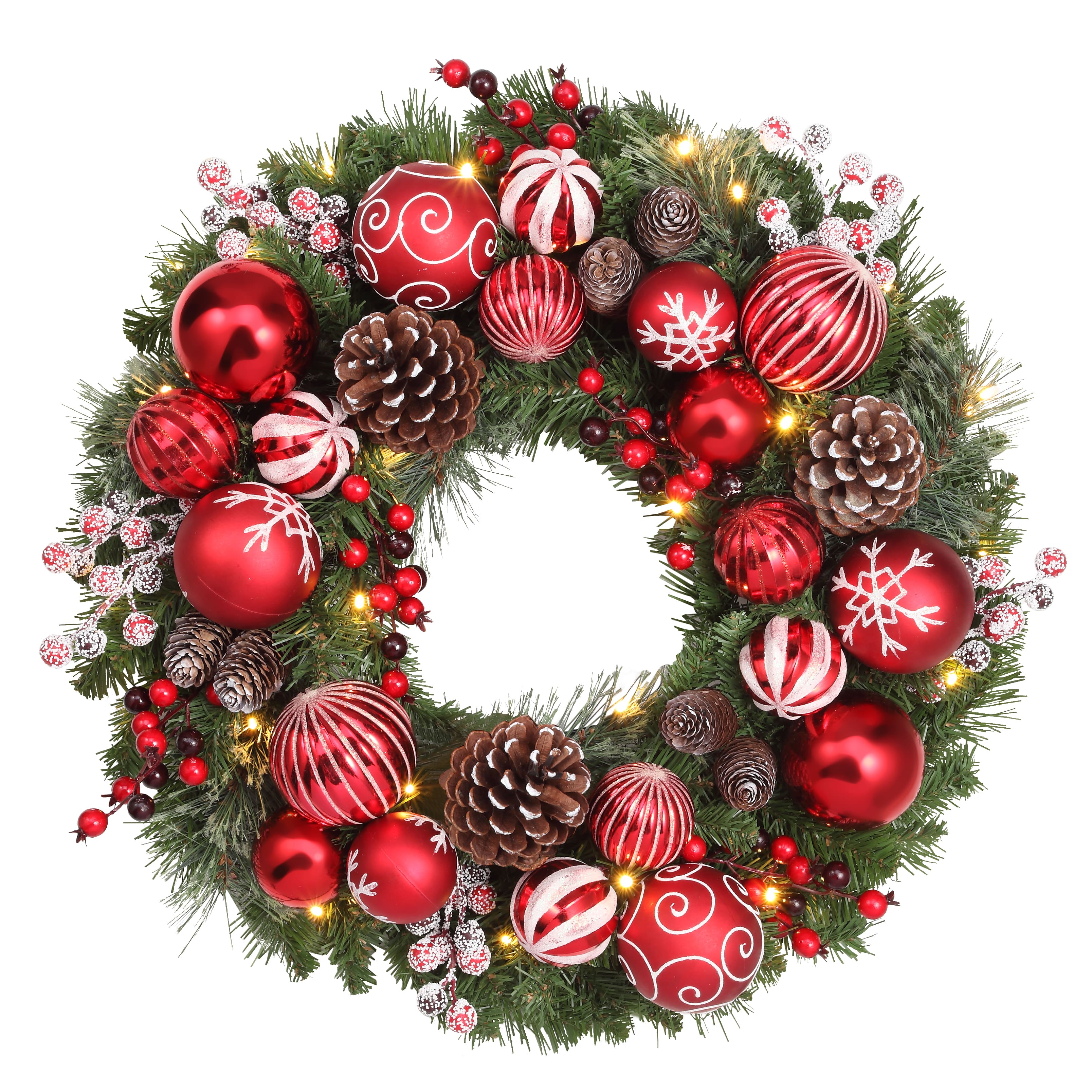 Haute Decor 26&#x22; Pre-Lit Holiday Times Red &#x26; White Ornament, Berry &#x26; Pinecone Wreath, Soft White LED Lights