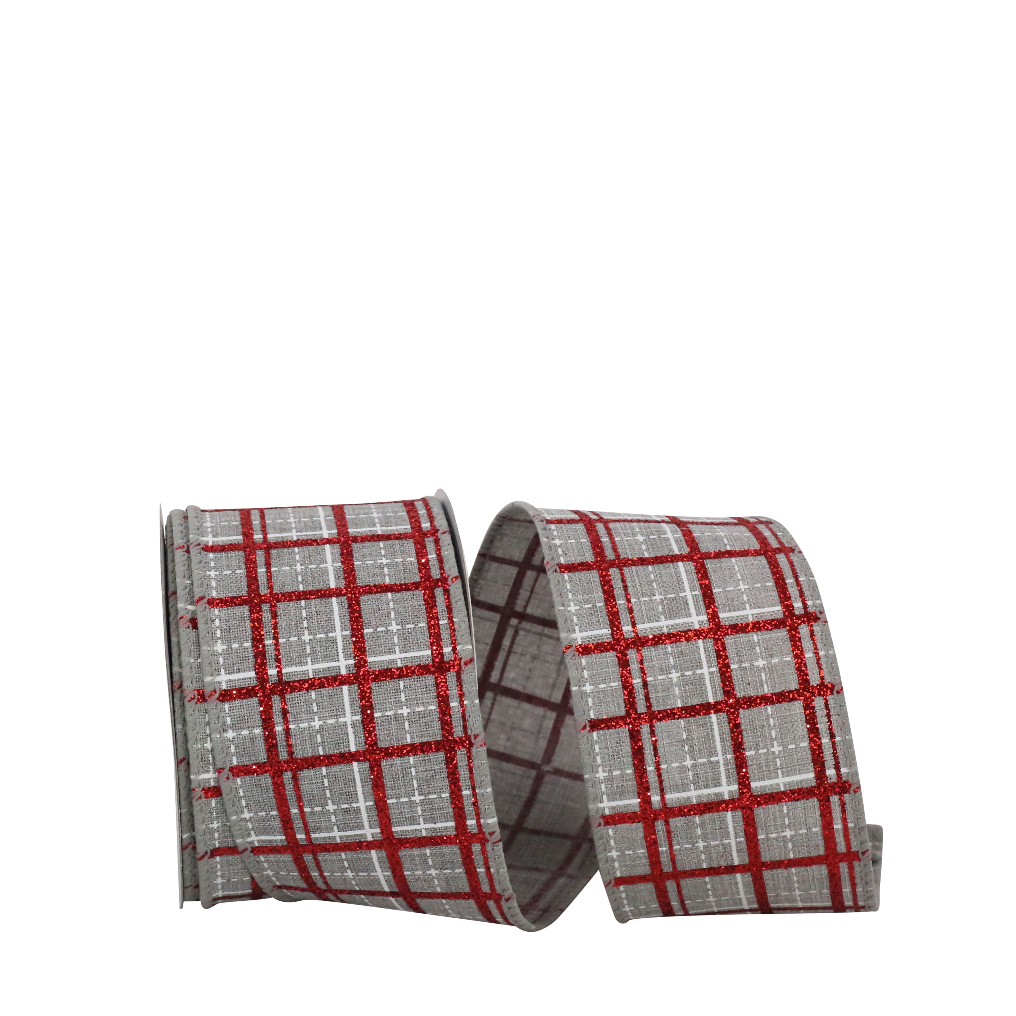 JAM Paper 2.5" x 10yd. Gray Wired Plaid Glitter Printed Stitch Ribbon