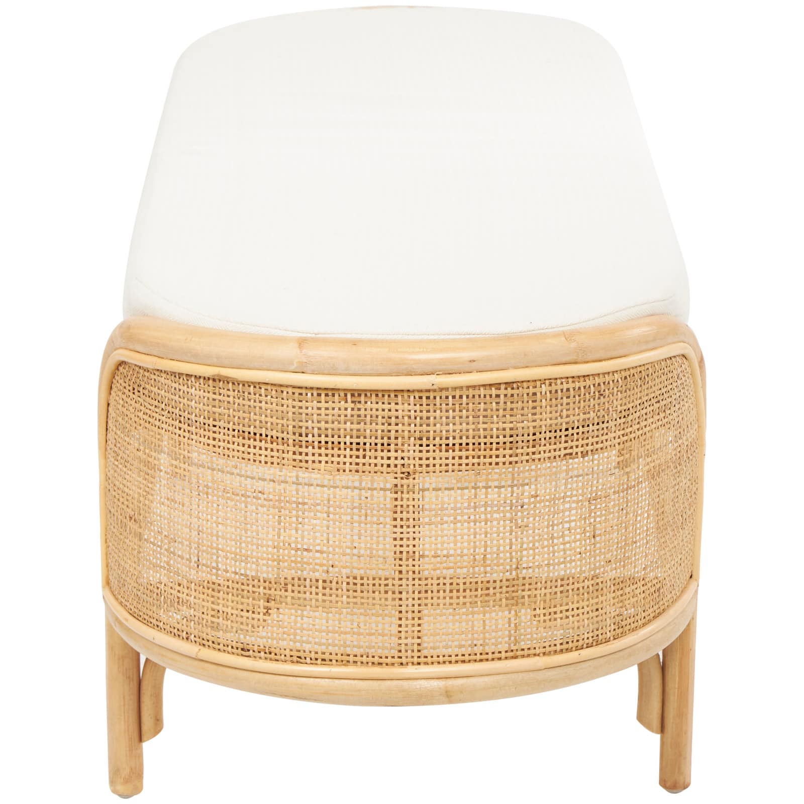 49" Brown Rattan Handmade Oval Bench with White Fabric Cushion