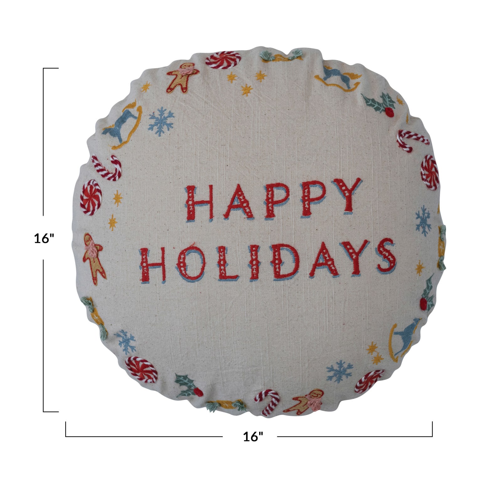 16&#x22; Happy Holidays Embroidery Round Cotton Slub Pillow