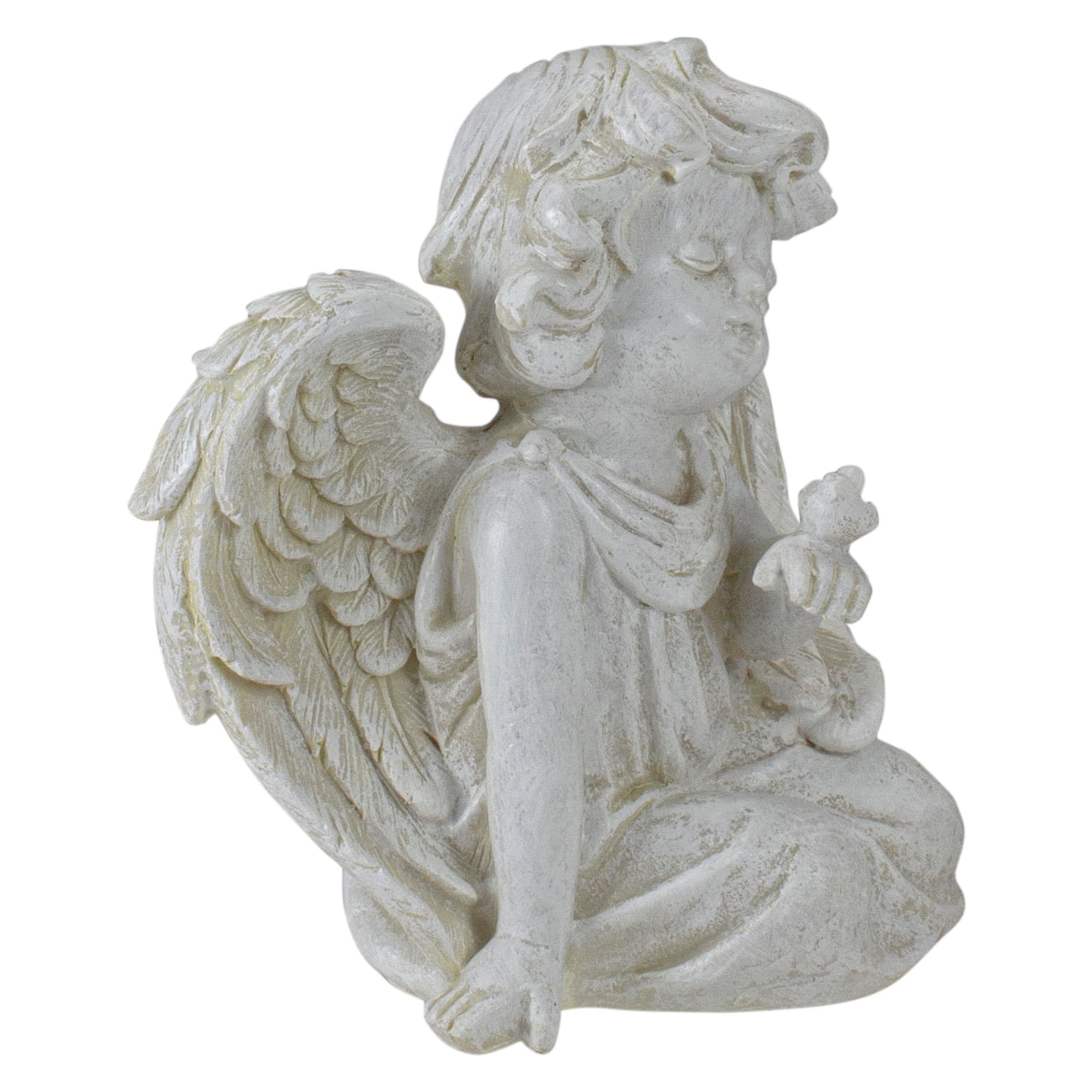 6.5" Ivory Sitting Cherub Angel with Bird Outdoor Statue