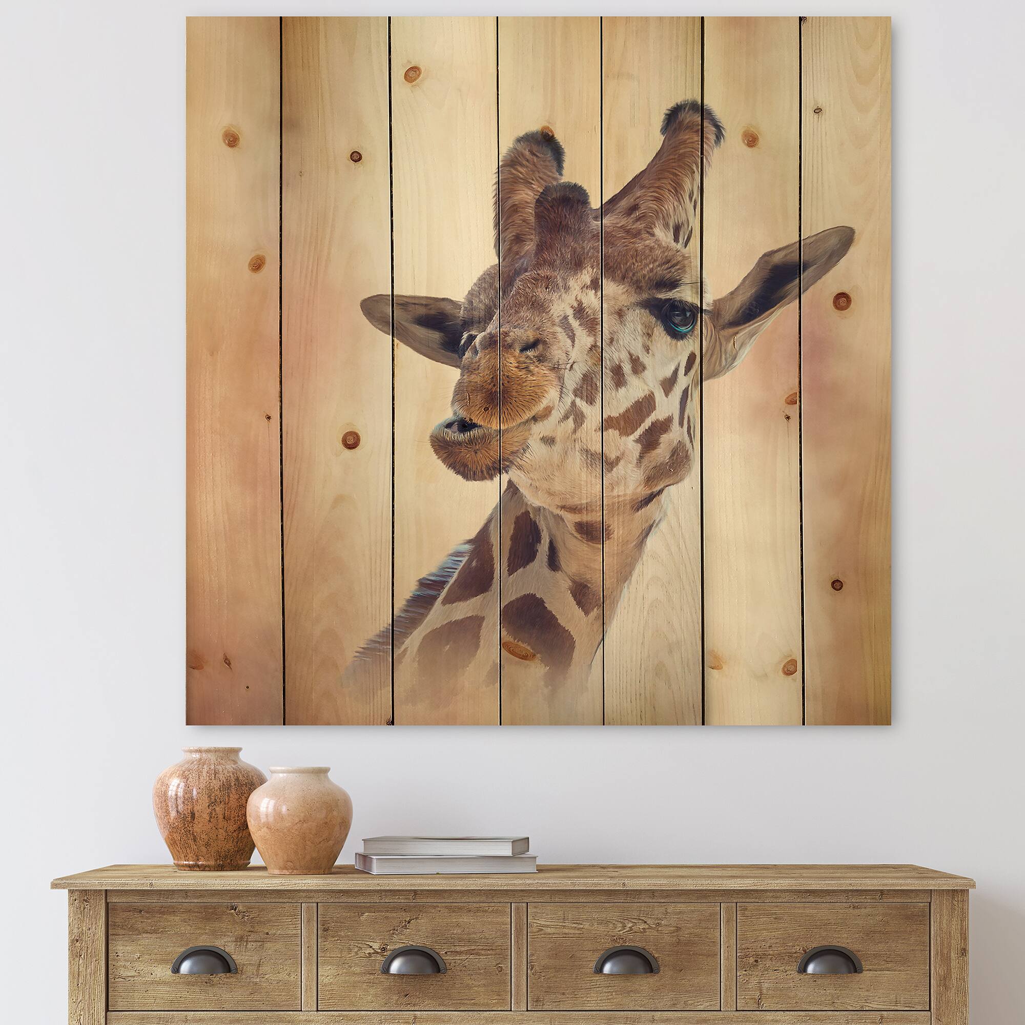 Designart - Portrait of A Giraffe I - Farmhouse Print on Natural Pine Wood