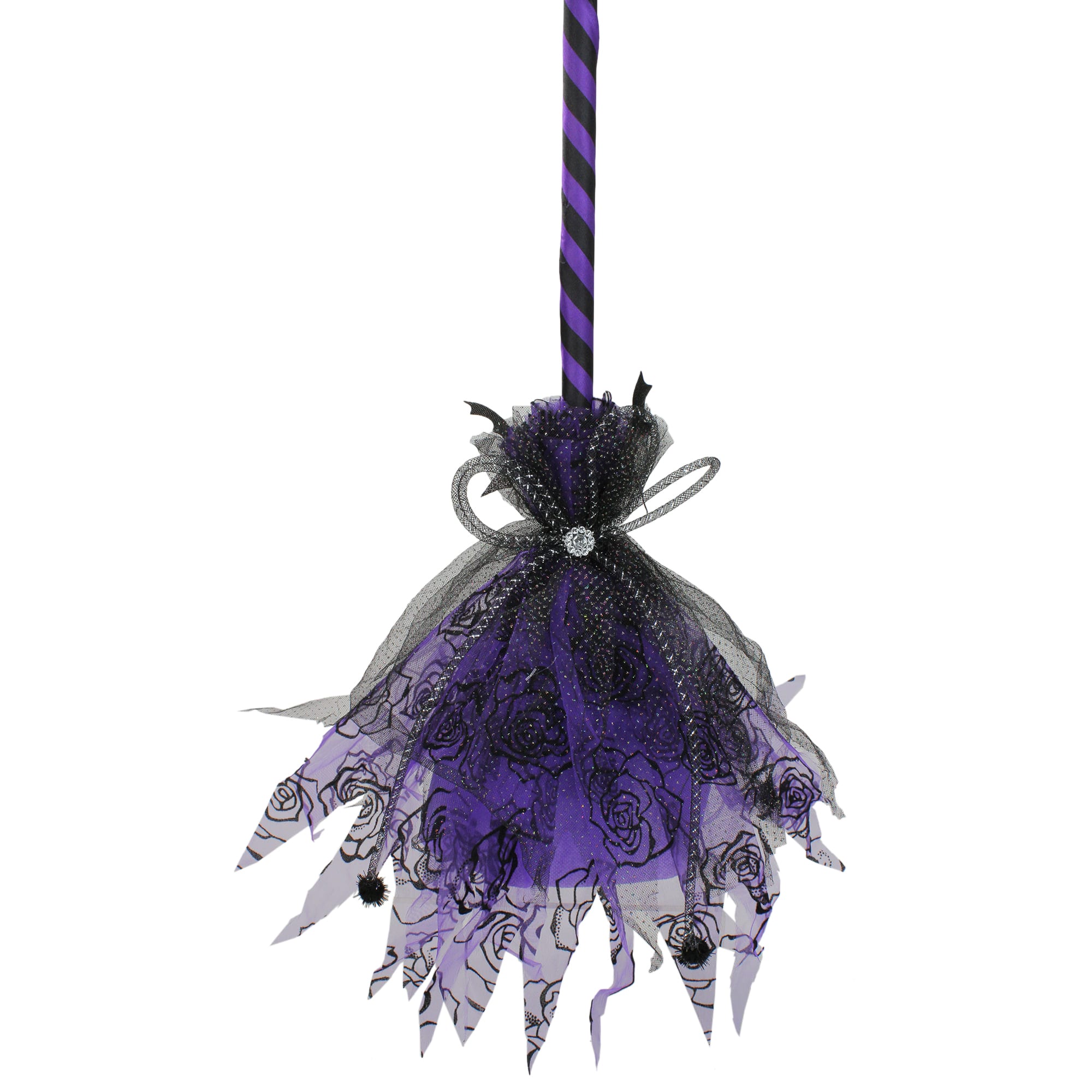 29&#x22; Purple &#x26; Black Striped Animated Witches Halloween Broom with Bat Accents