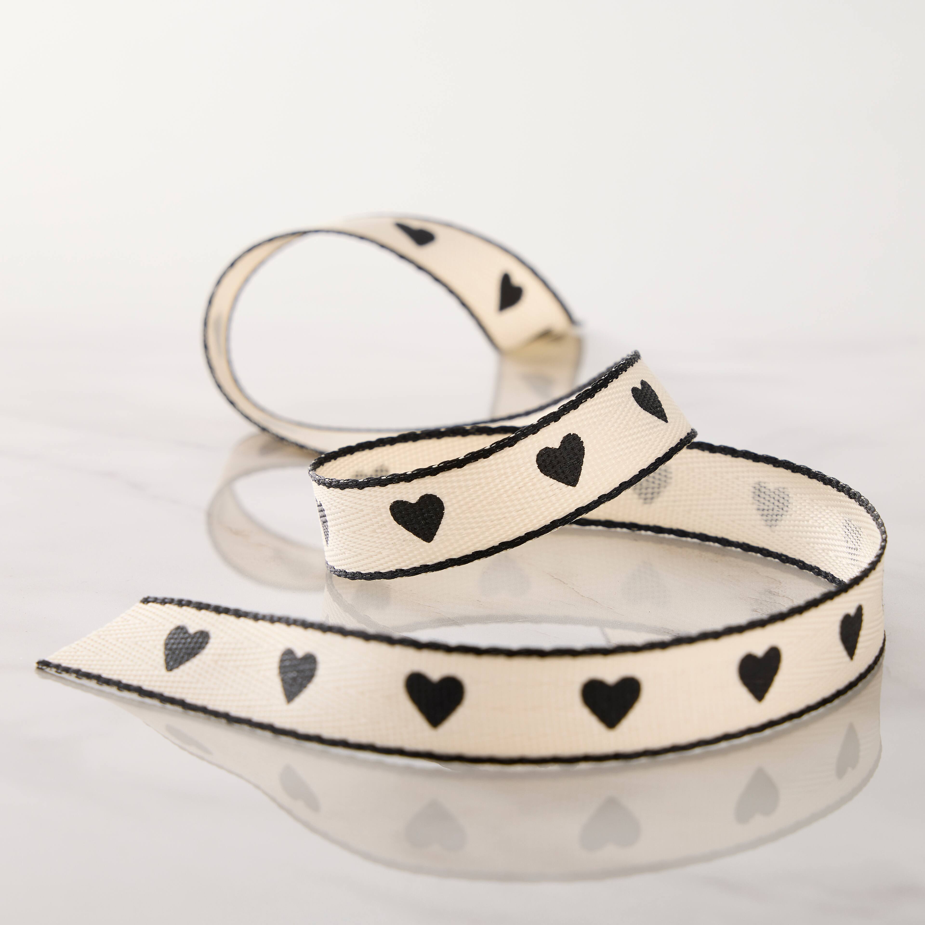 5/8&#x22; x 7yd. Black Hearts Faux Linen Ribbon by Celebrate It&#xAE; Classic