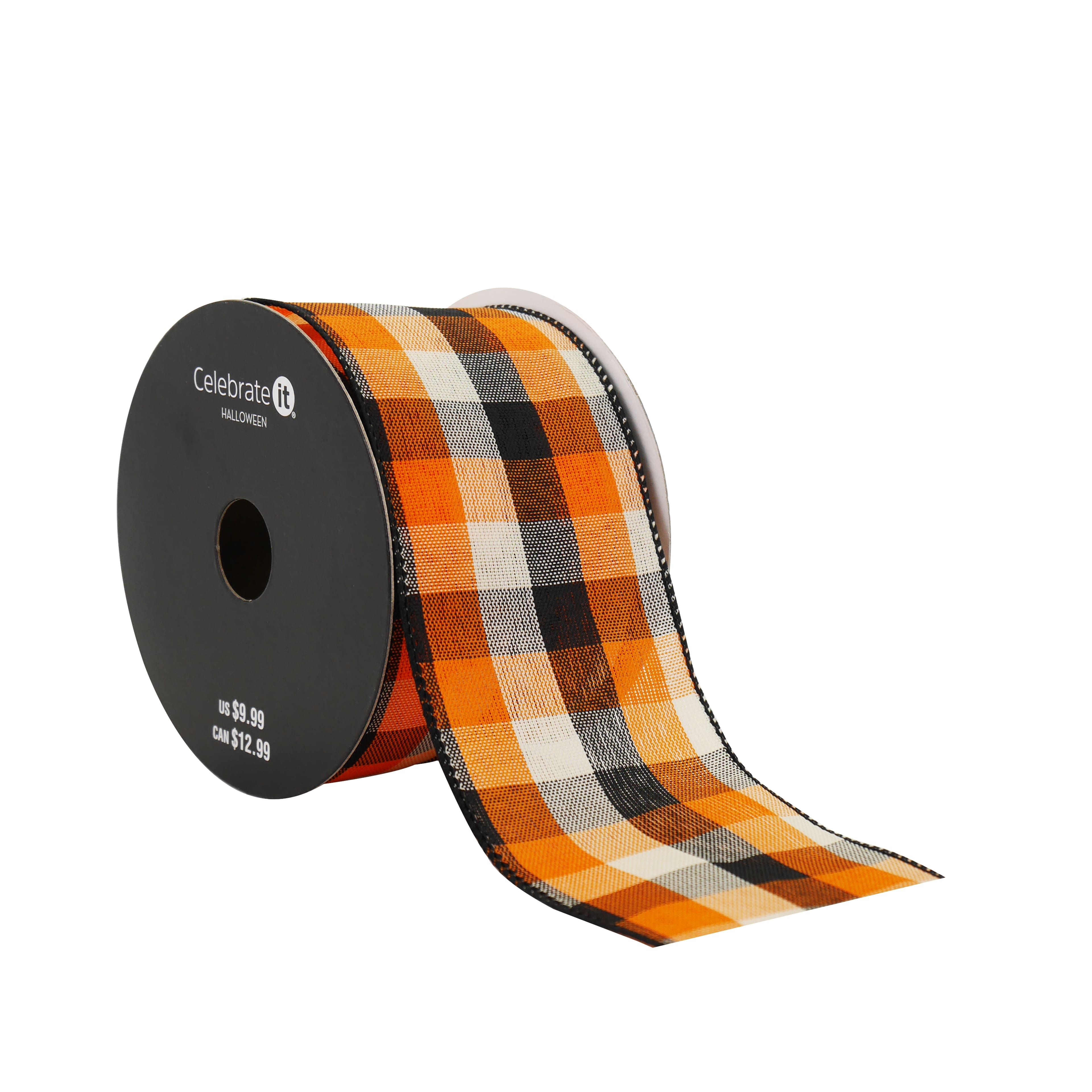 2.5&#x22; x 20ft. Navy &#x26; Orange Plaid Wired Ribbon by Celebrate It&#xAE; Halloween