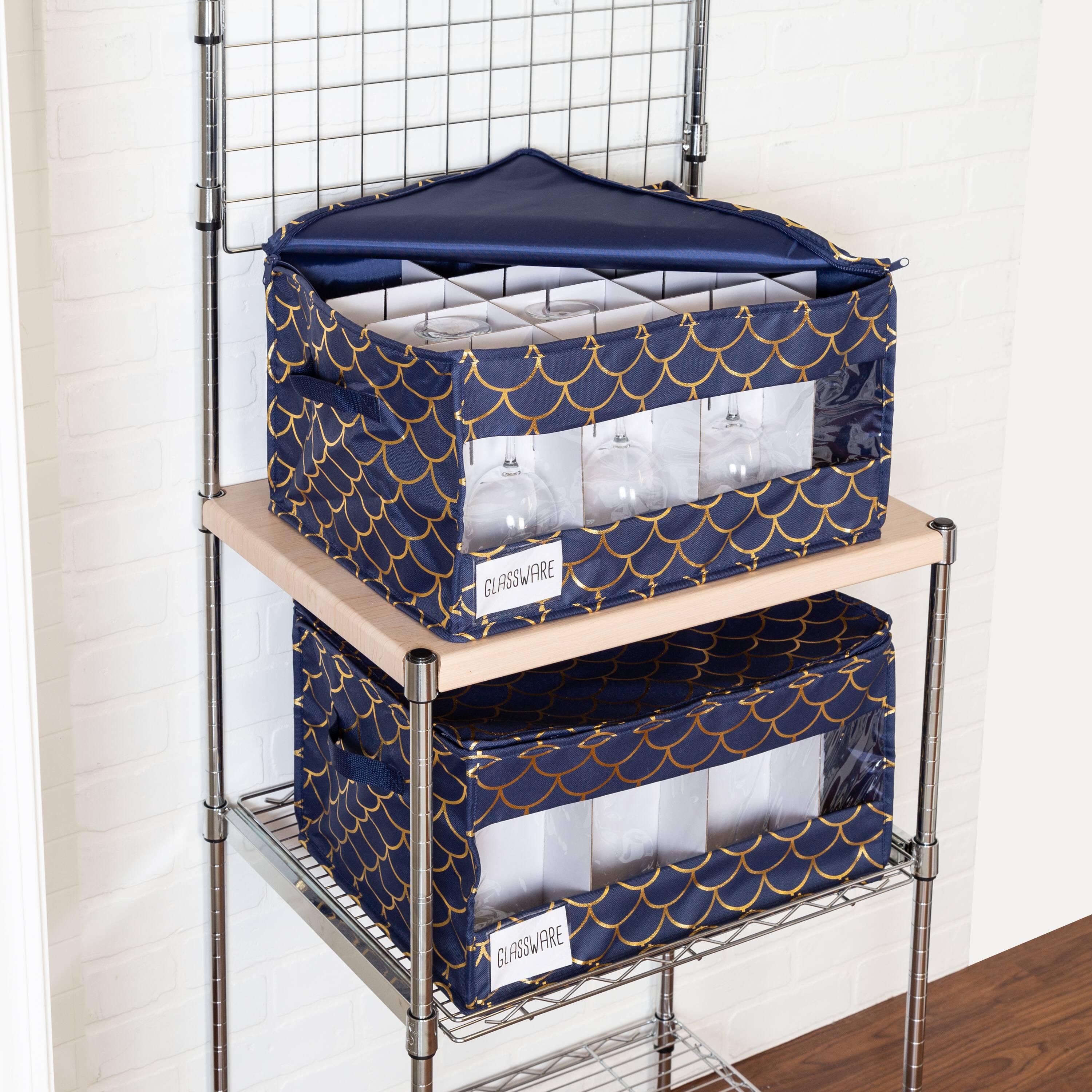 Honey Can Do Golden Scallop Print Stemware Storage Box Set