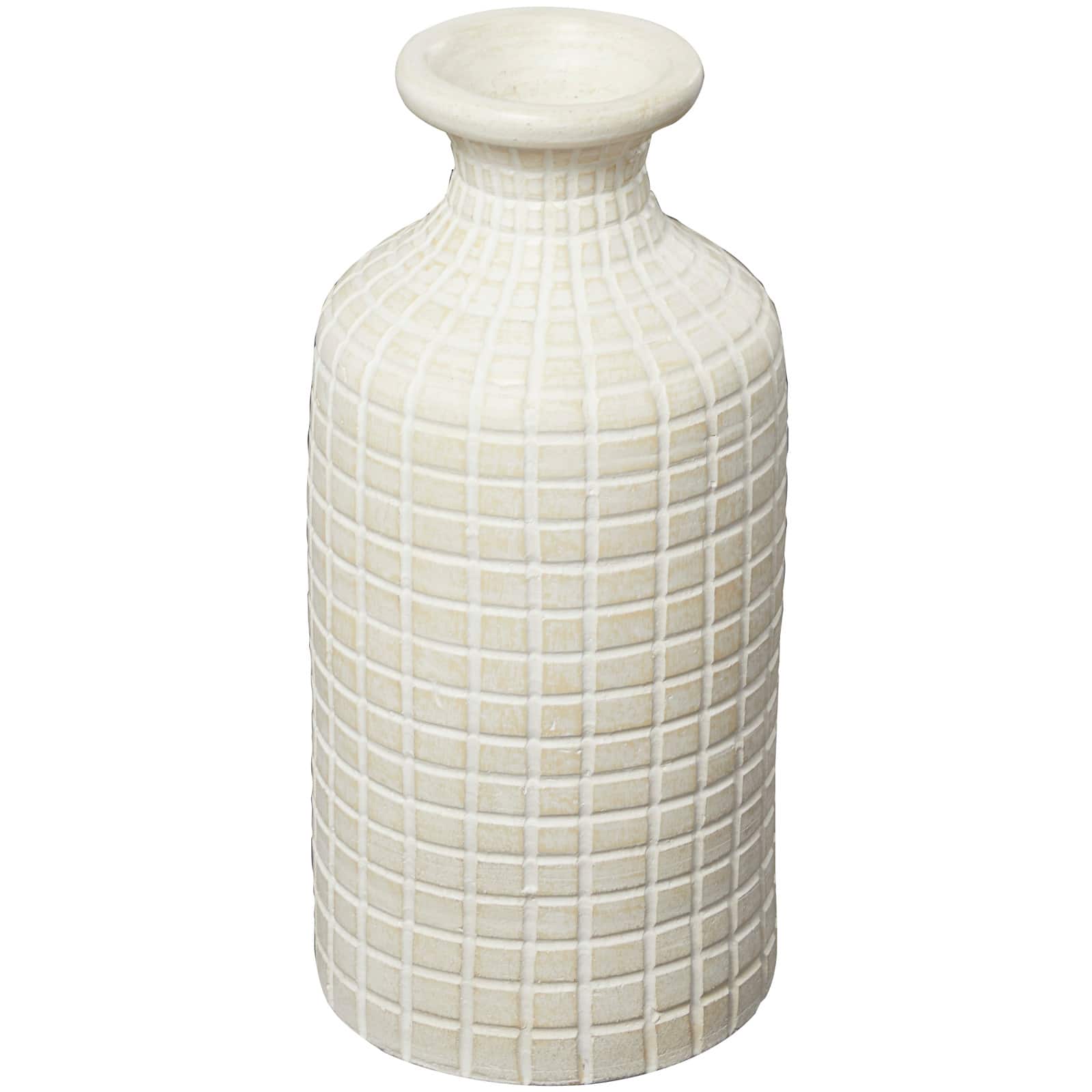 Cream Ceramic Textured Geometric Vase with Checkered Pattern
