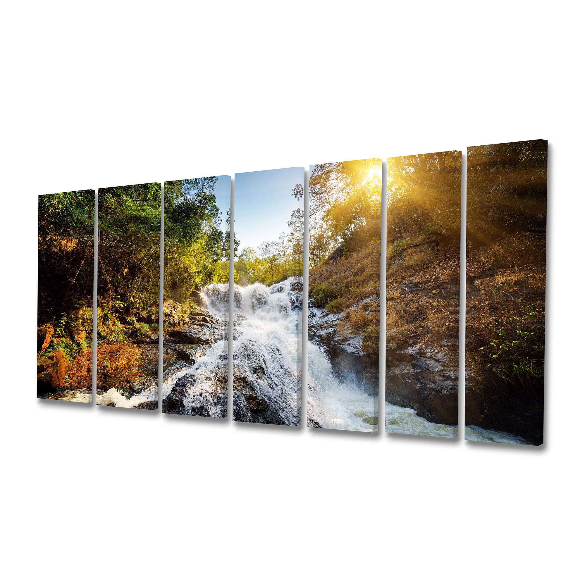 Designart - Waterfall through the Forest - Landscape Canvas Art Print