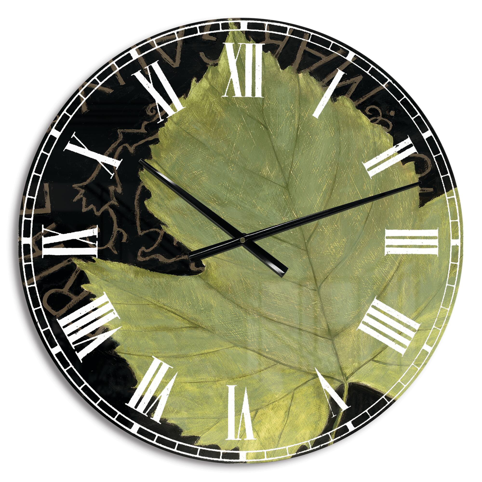 Designart 'Handpainted Green Leaf On Black Traditional Wall Clock