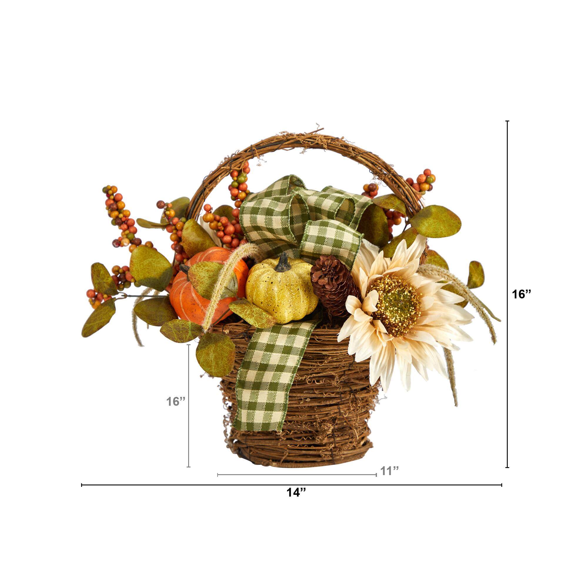 16" Pumpkin, Gourds & Berries Autumn Arrangement In Twig Basket