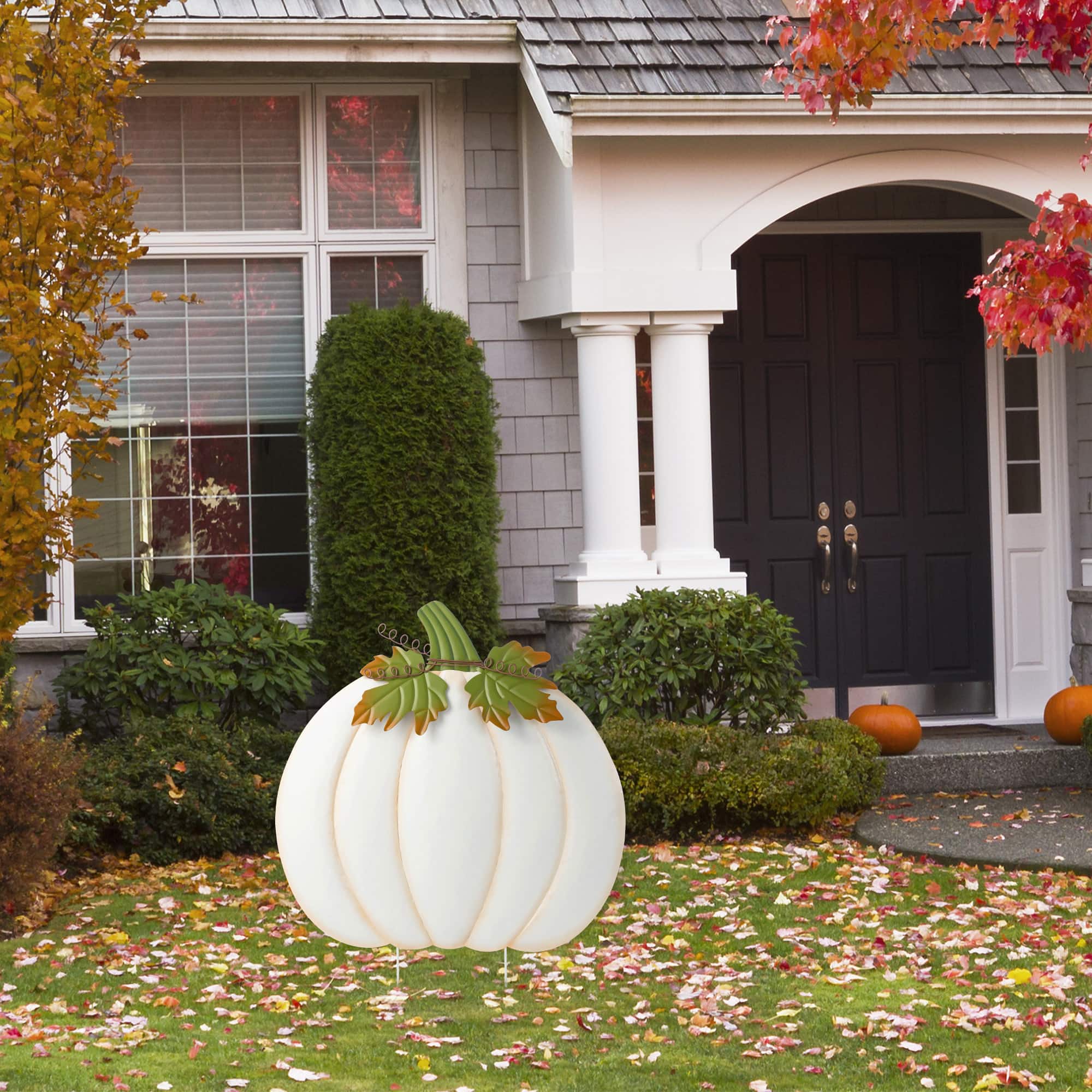 Glitzhome&#xAE; 39.5&#x22; Fall Oversized Metal Ivory Pumpkin Yard Stake, Wall or Standing Decor