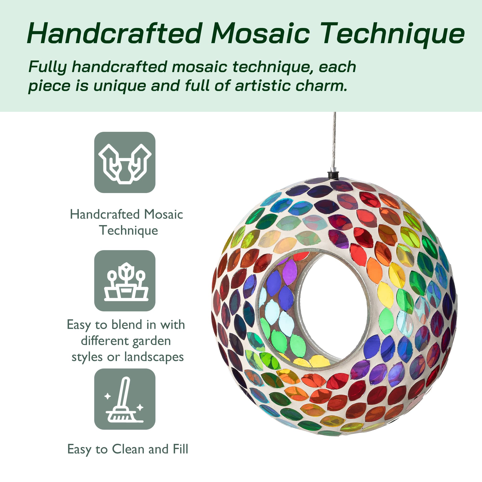Glitzhome® 8" Multicolor Mosaic Glass Round Hanging Bird Feeder
