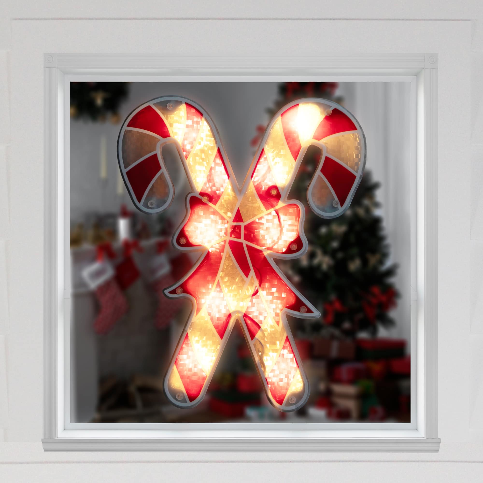 Lighted Holographic Candy Cane Christmas Window Silhouette - 12&#x22; - Clear Lights