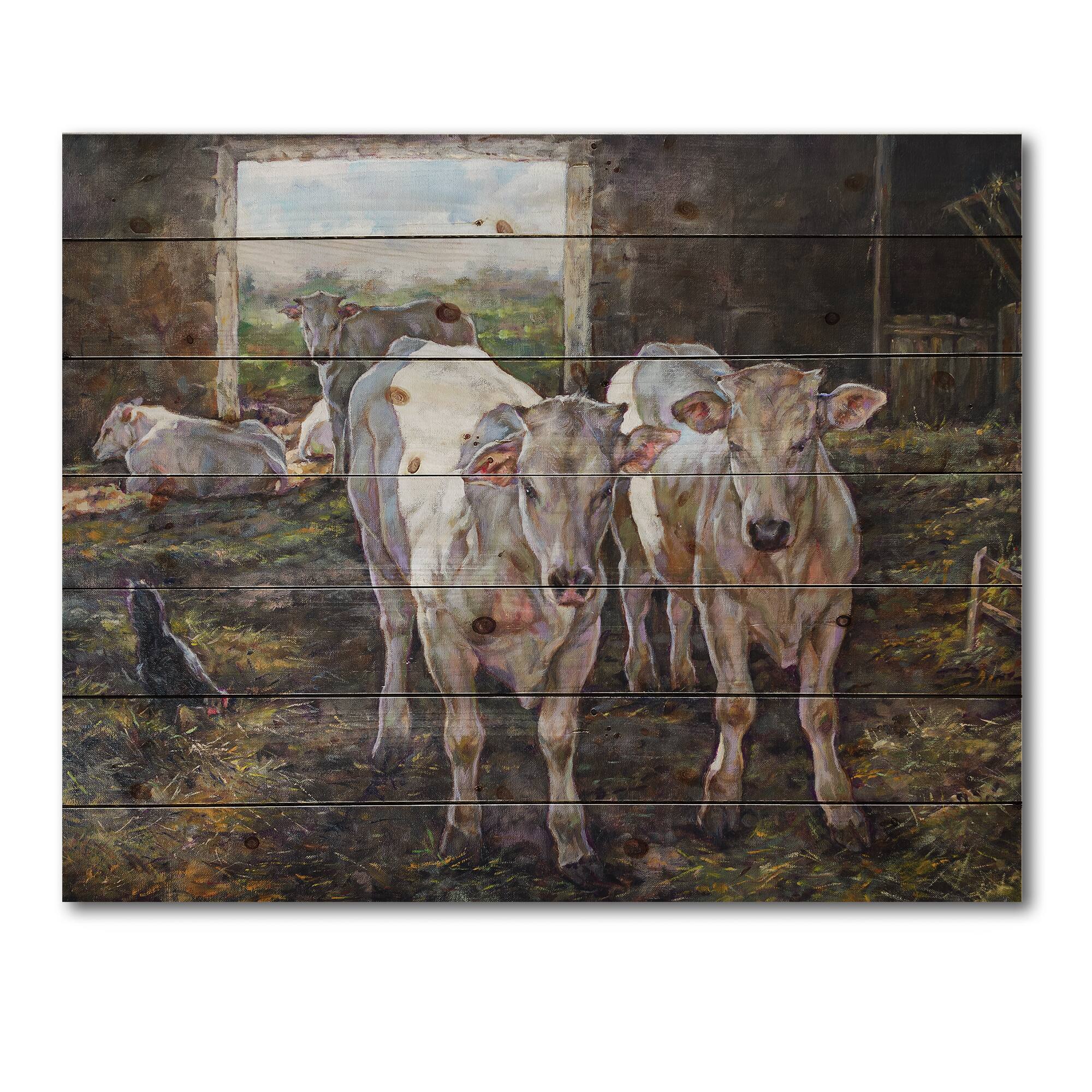 Designart - Two Cows In The Stable - Farmhouse Print on Natural Pine Wood